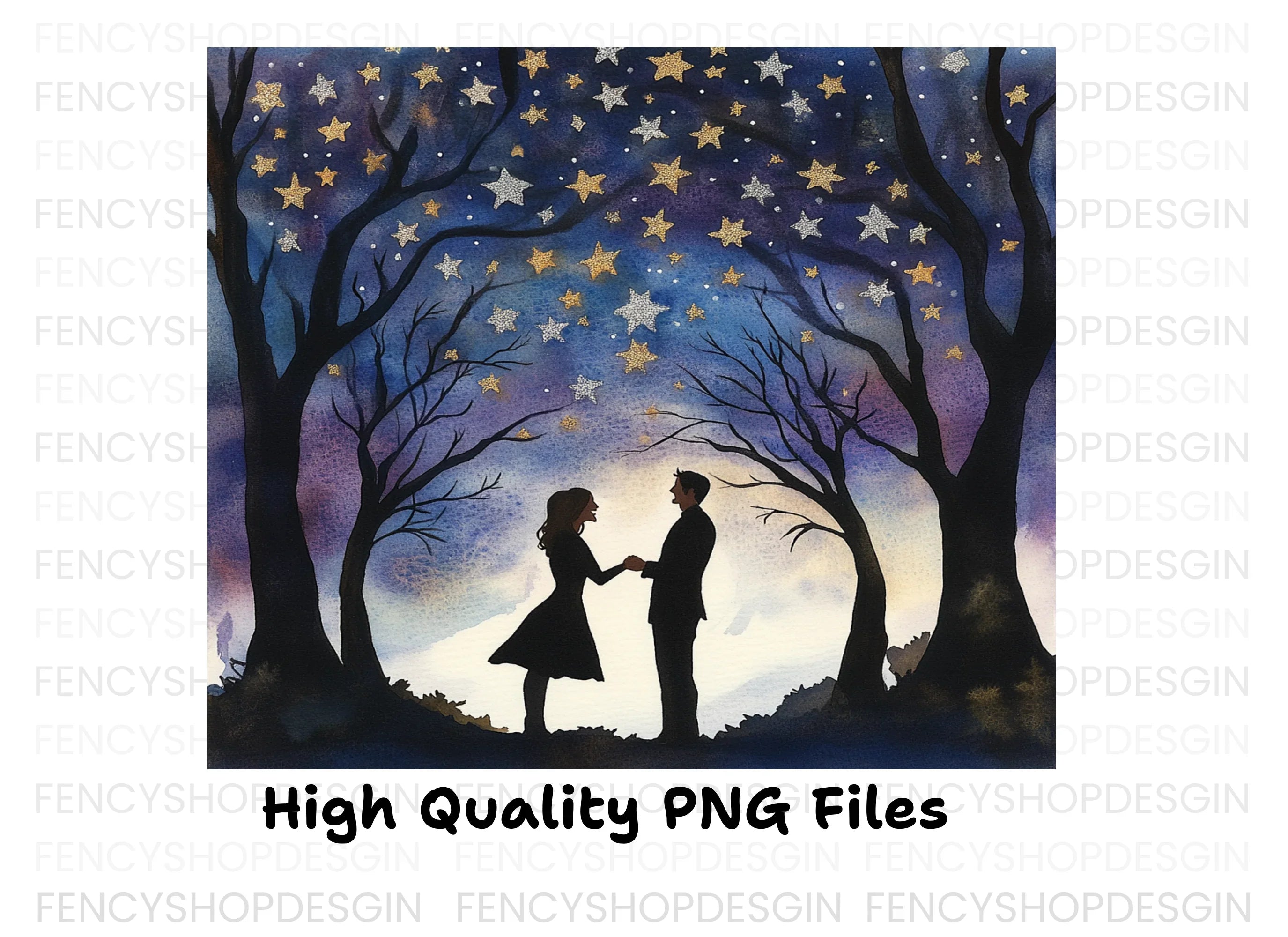 Romantic Couple Under Starry Trees Clipart Bundle