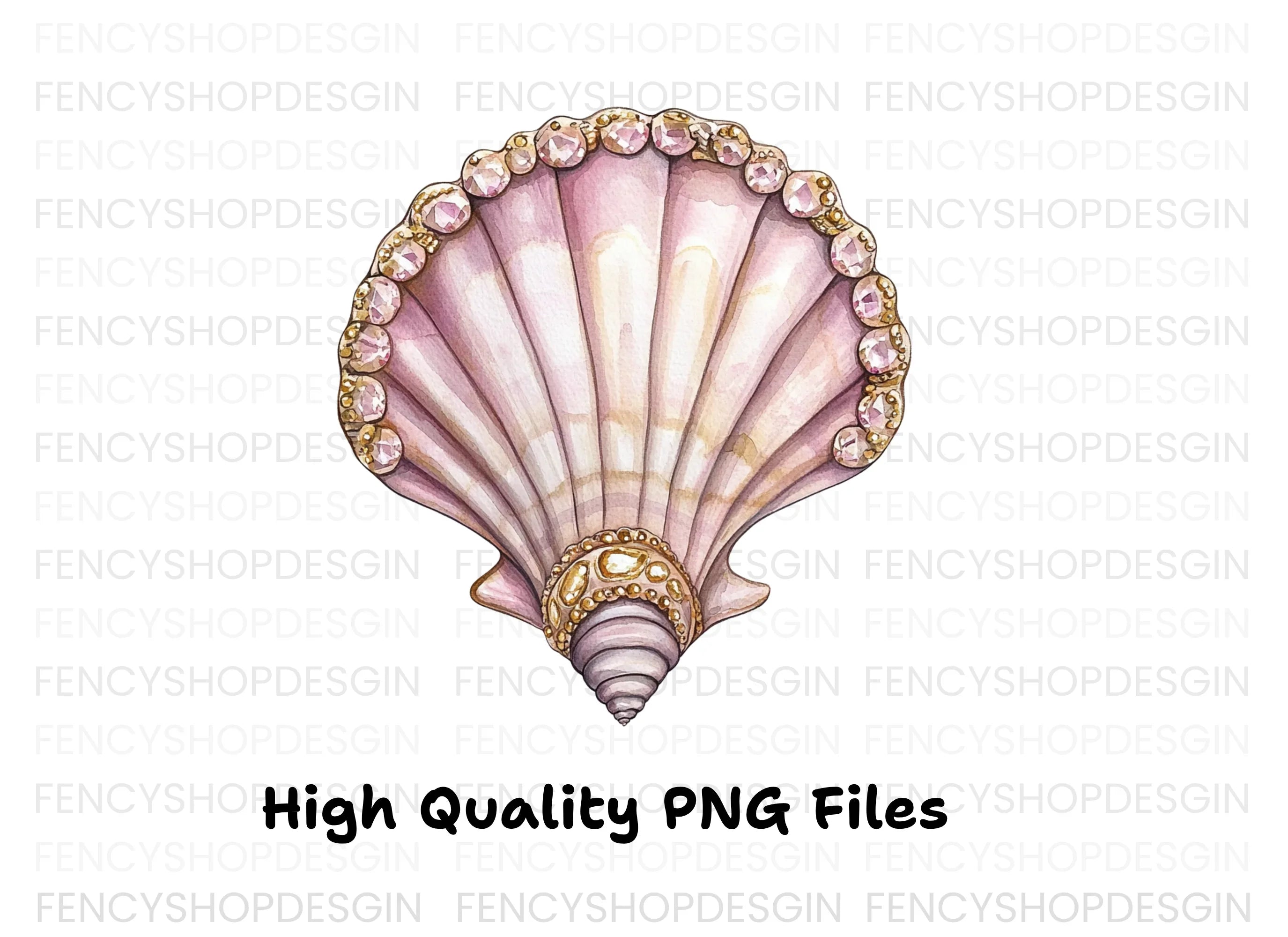 Pink Seashells with Gold Gem Clipart Bundle