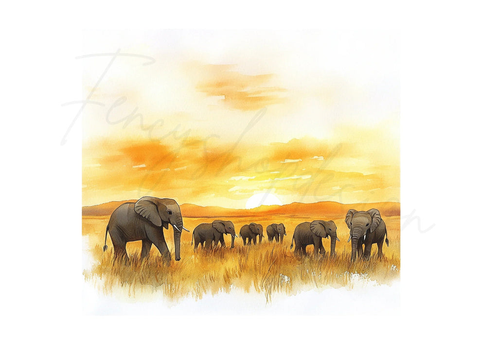 Elephants in Golden Sunset Landscape Clipart Bundle