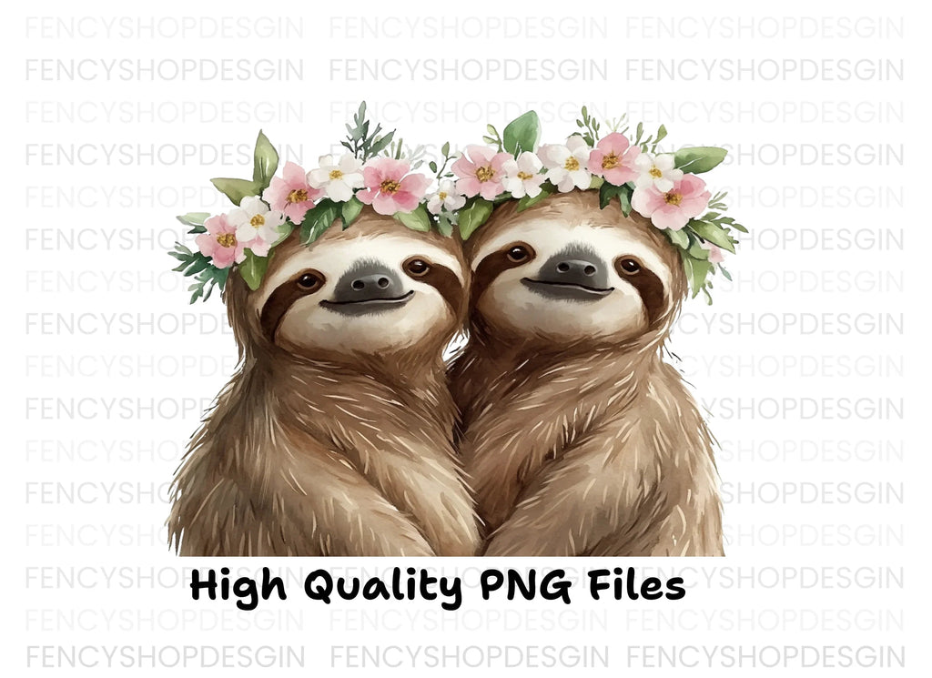 Cute Sloth Couples with Flower Crowns Clipart Bundle