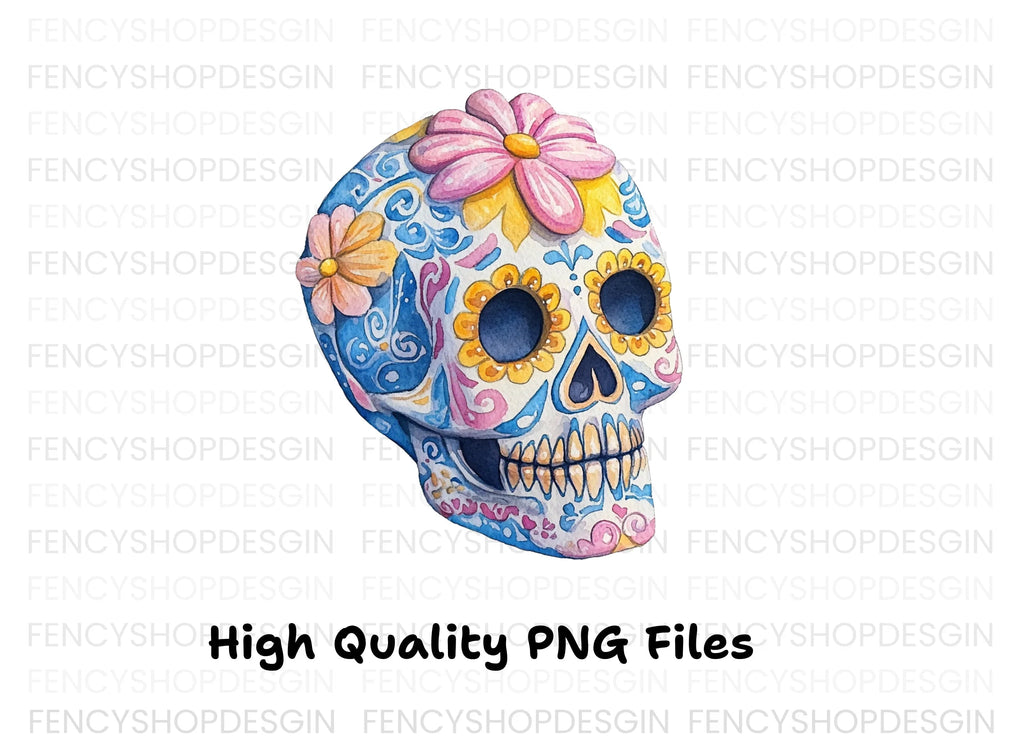 Blue Sugar Skulls with Flowers Clipart Bundle