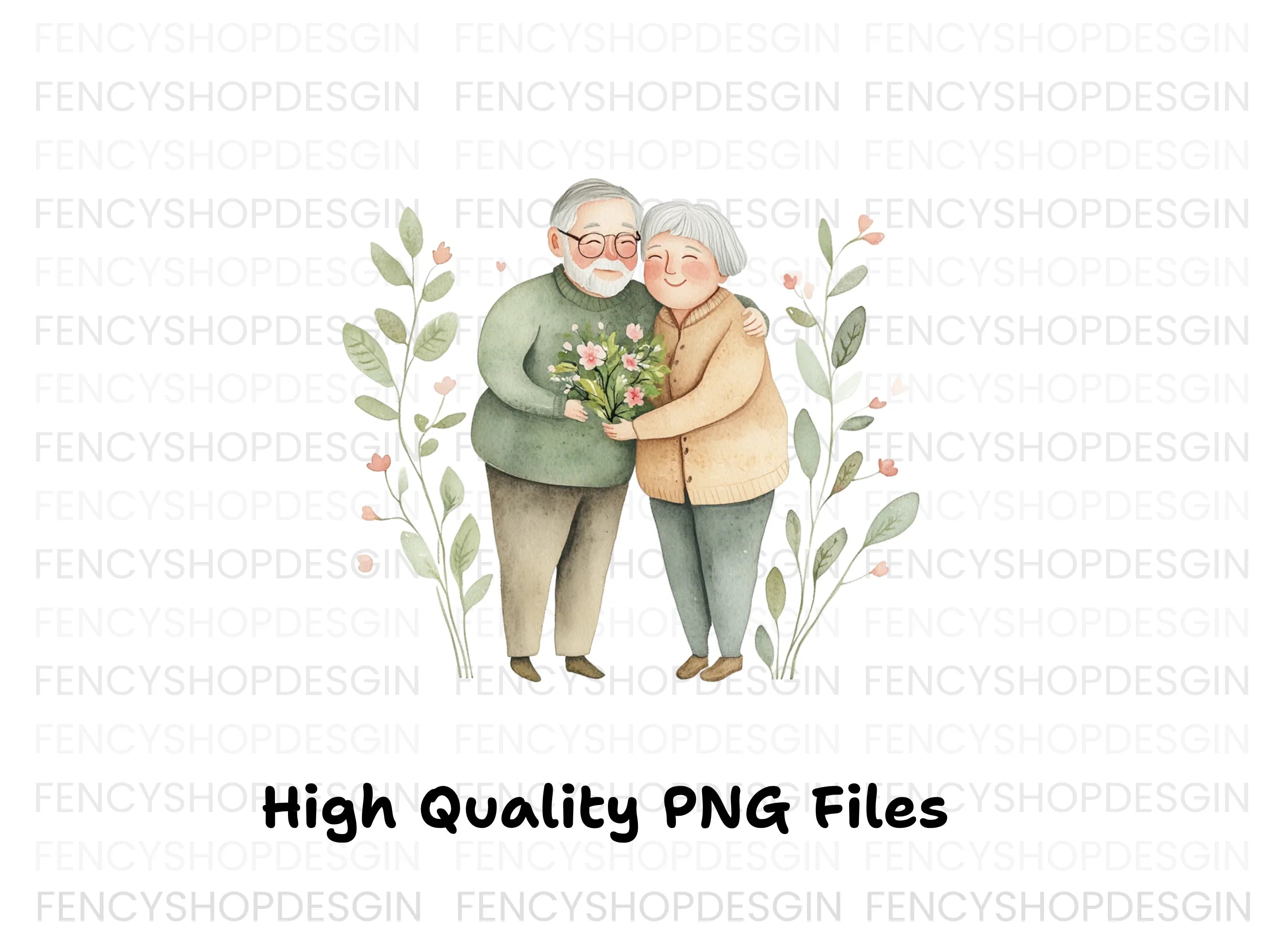 Elderly Couple with Flowers Clipart Bundle