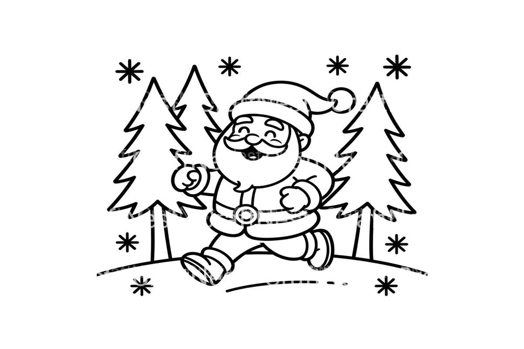 Running Santa Claus in Snowy Forest Coloring Books