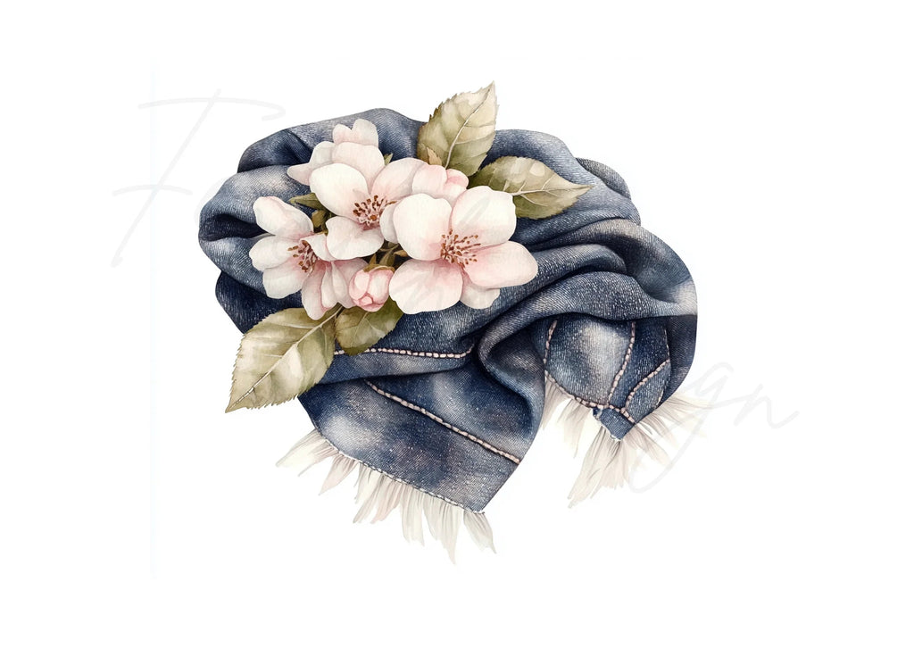 Pink Cherry Blossom Denim Clipart Bundle
