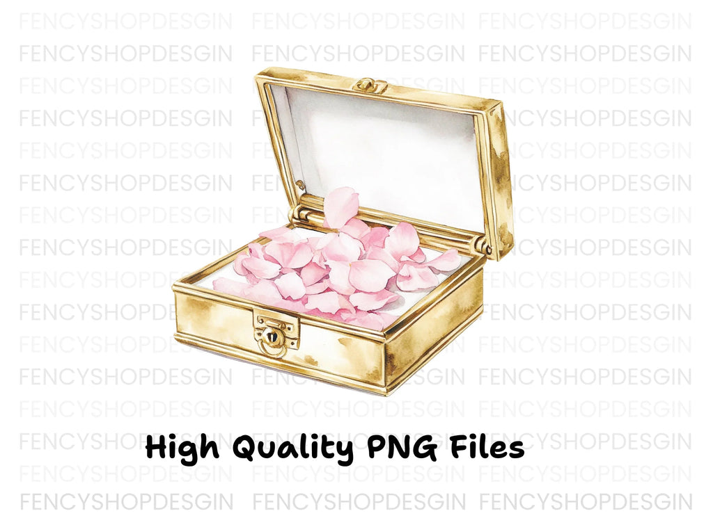 Pink Petals in Golden Box Clipart Bundle