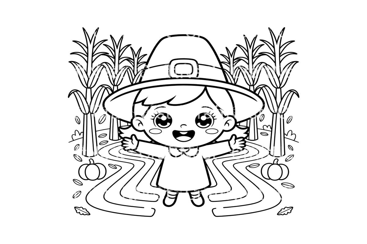 Cute Pilgrim Girl in Corn Maze Coloring Books