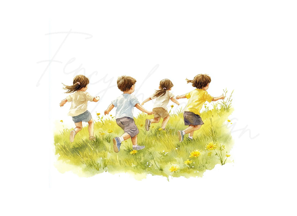 Kids Running in Grass Clipart Bundle