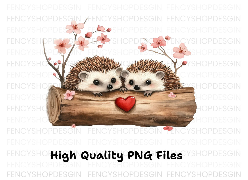 Hedgehogs in Log with Cherry Blossoms Clipart Bundle