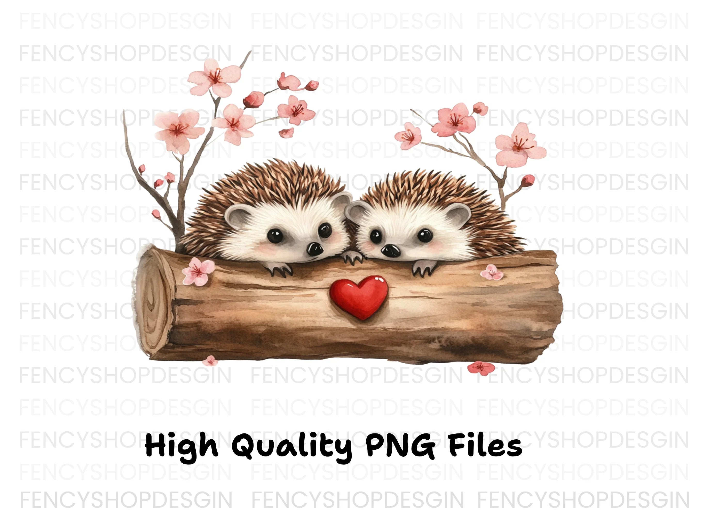 Hedgehogs in Log with Cherry Blossoms Clipart Bundle