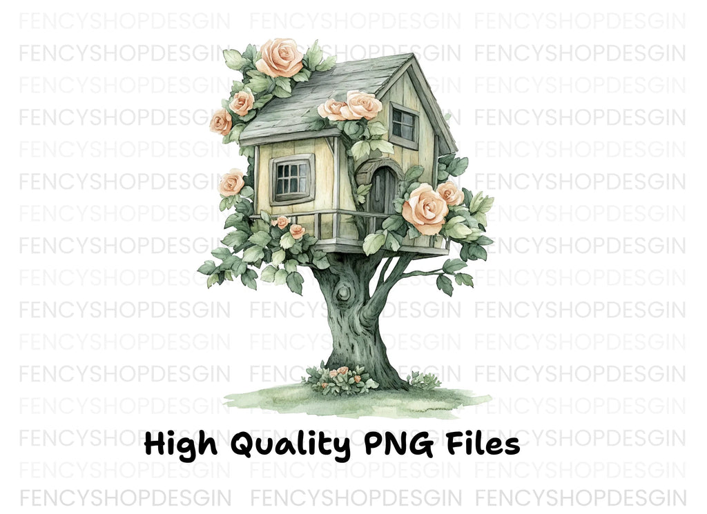 Charming Treehouse with Peach Roses Clipart Bundle