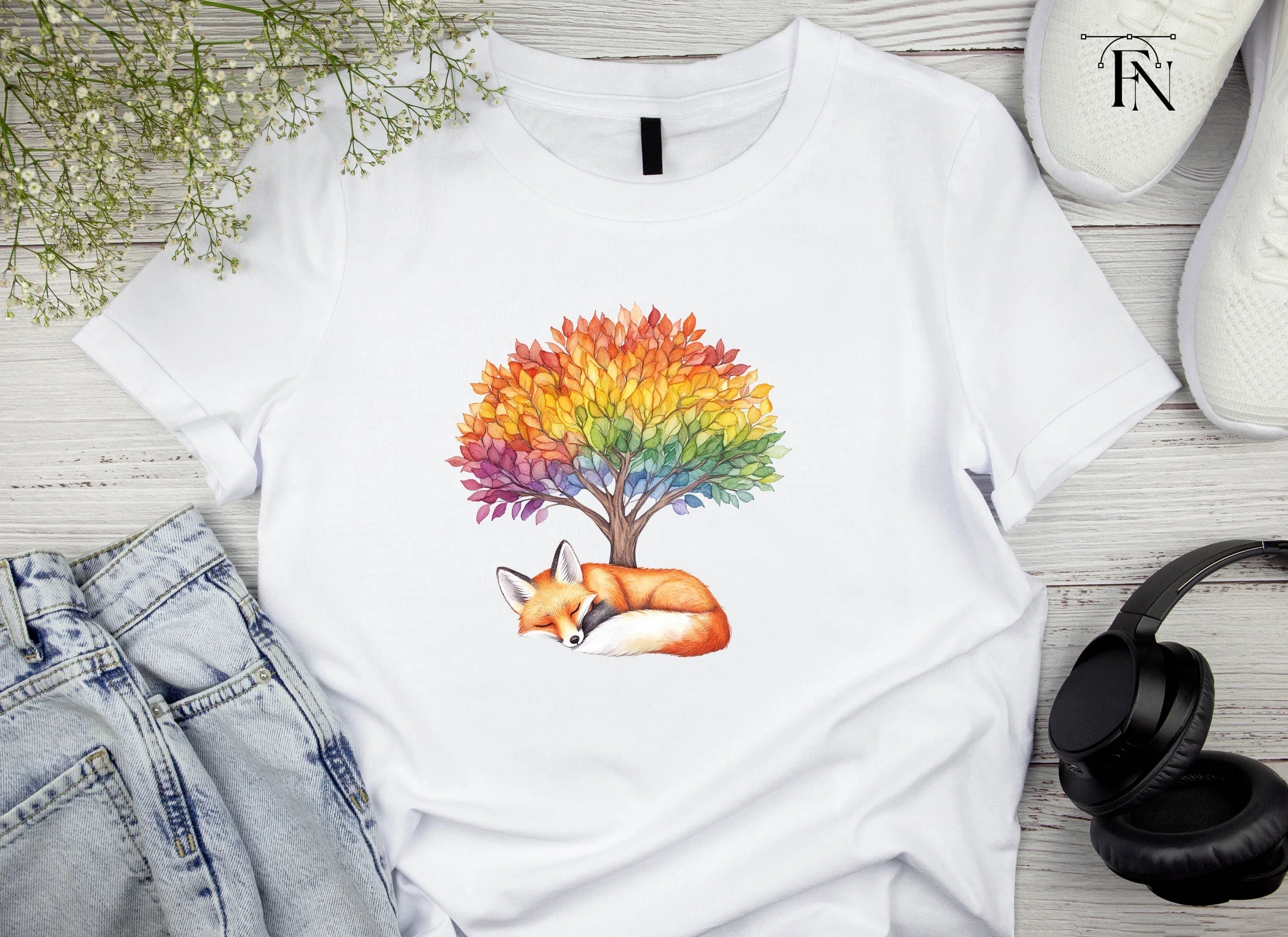 Sleeping Fox Under Rainbow Tree Clipart Bundle