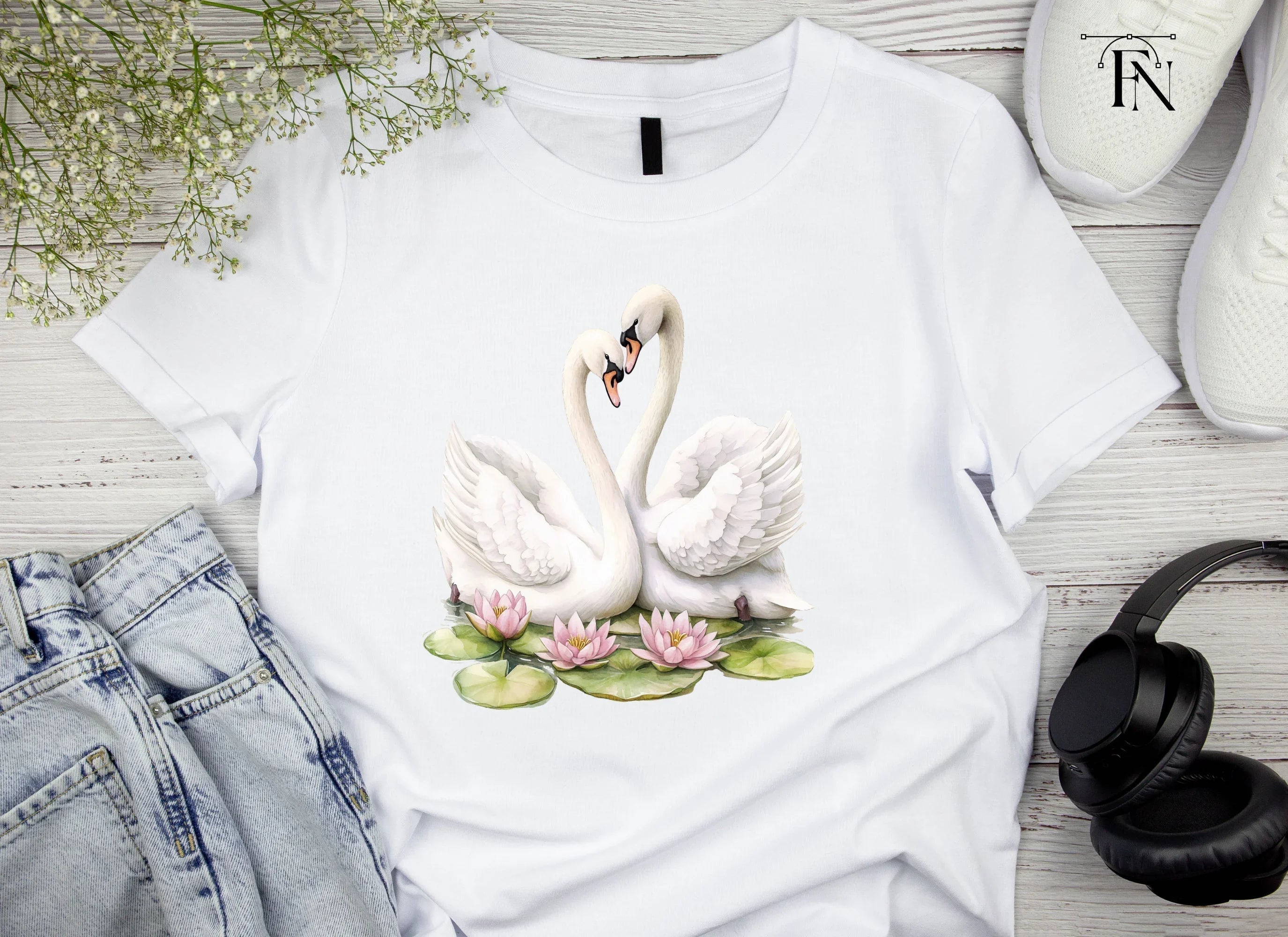 Romantic Swans with Water Lilies Clipart Bundle