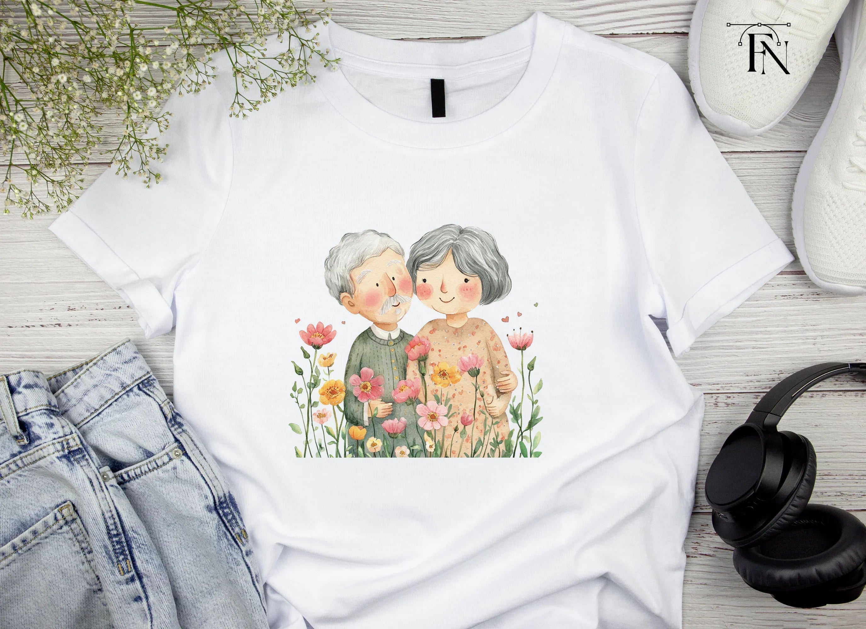 Cute Elderly Couple in Flower Garden Clipart Bundle
