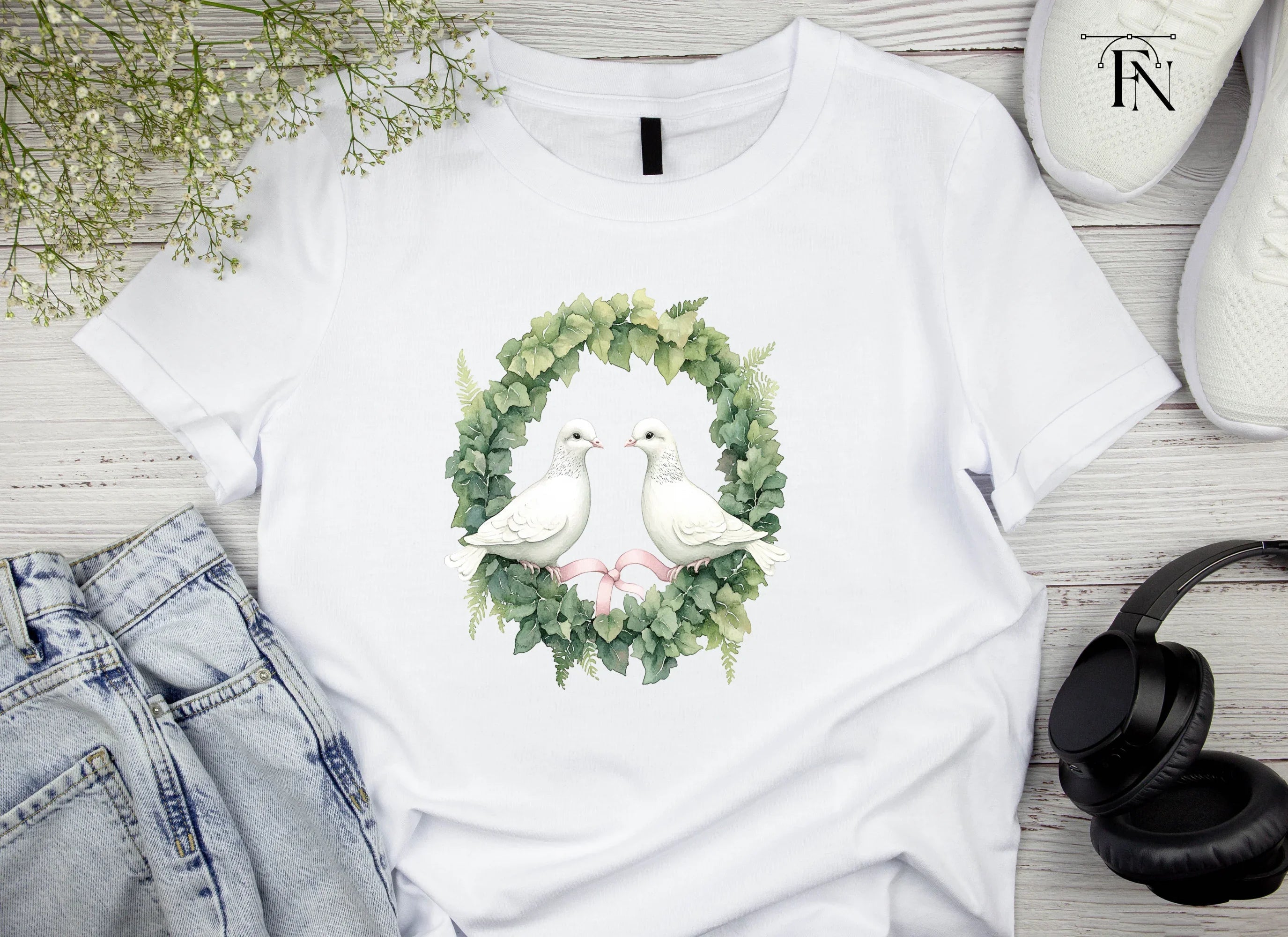 Doves in Greenery Wreath Clipart Bundle