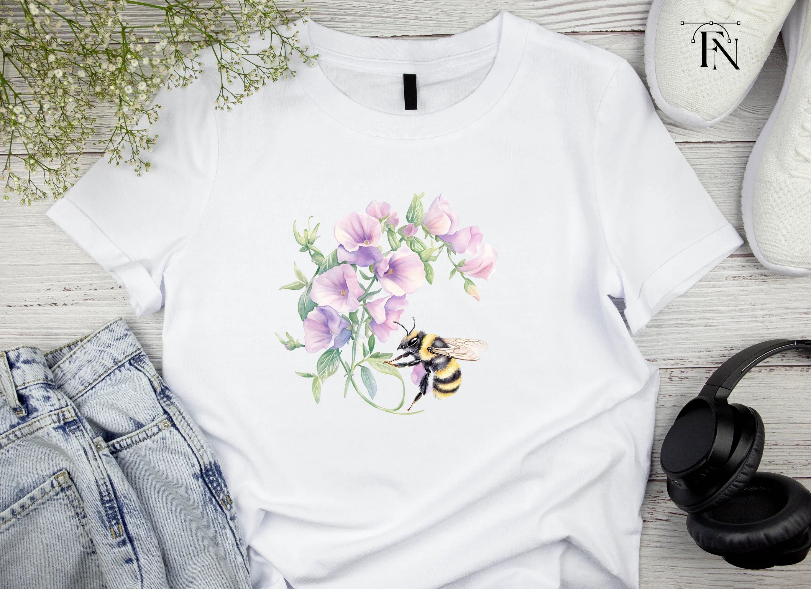 Sweet Pea Flowers with Bumblebees Clipart Bundle