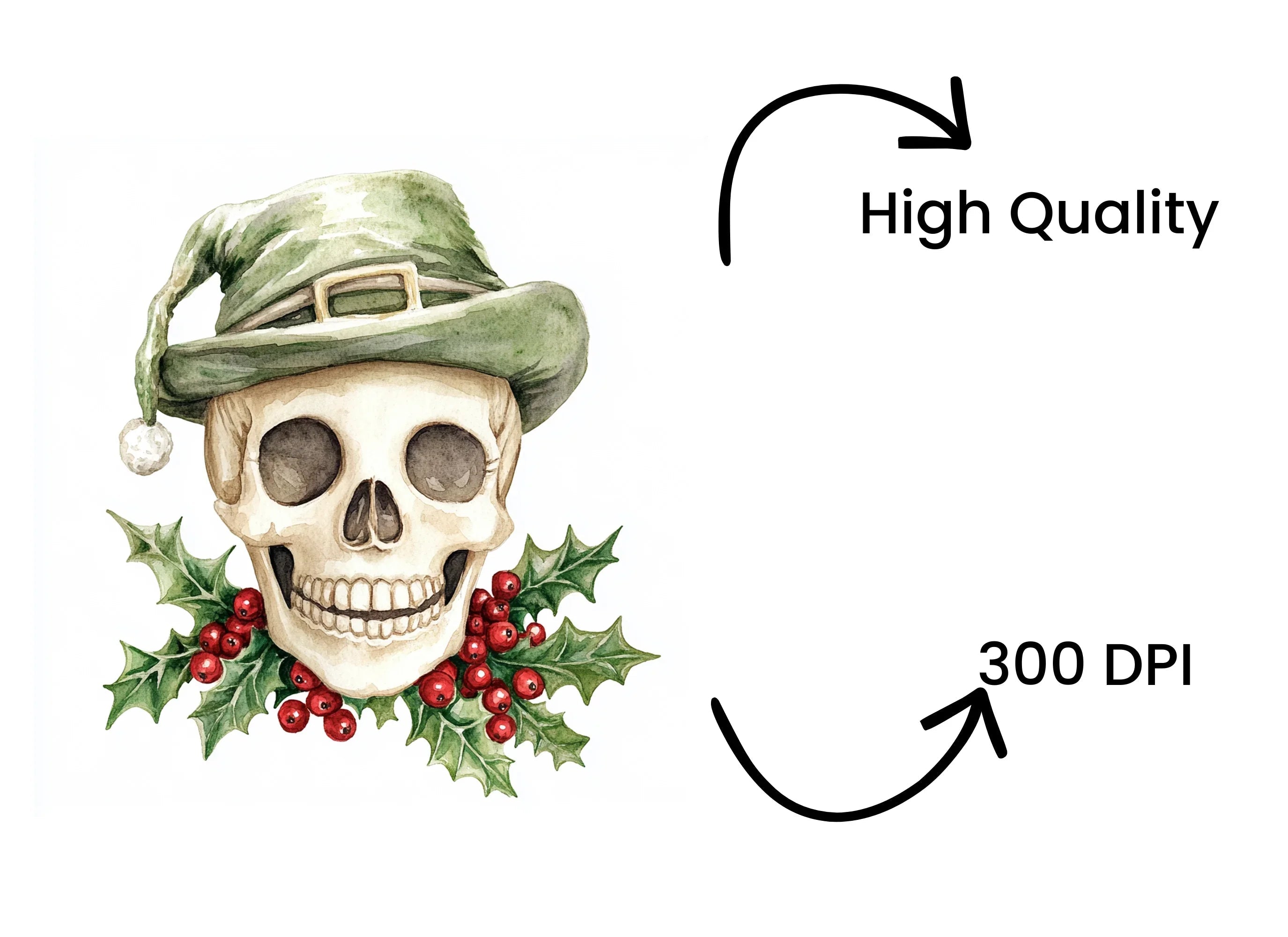 Elf Skulls with Holly Berries Clipart Bundle