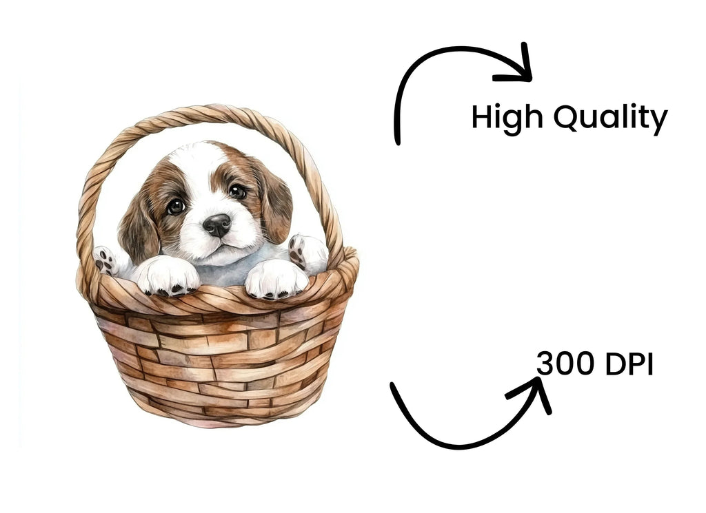 Cute Puppy in Basket Clipart Bundle