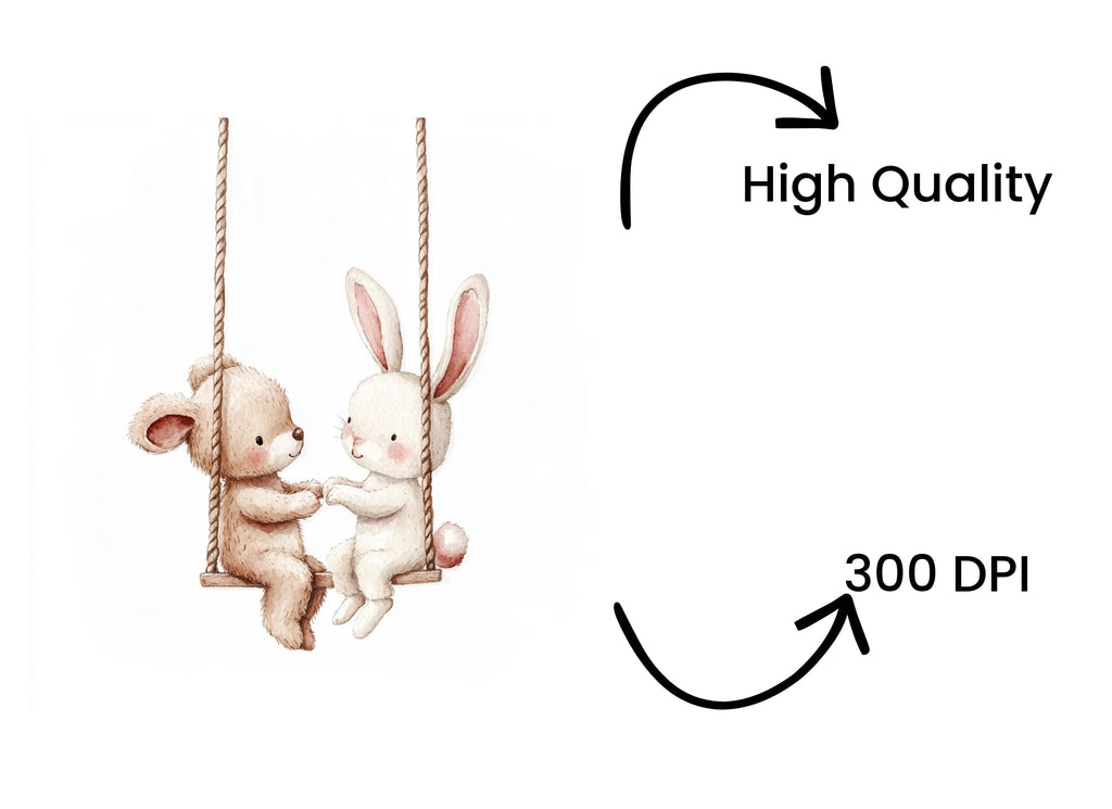 Cute Bunny and Bear Couple on Swings Clipart Bundle