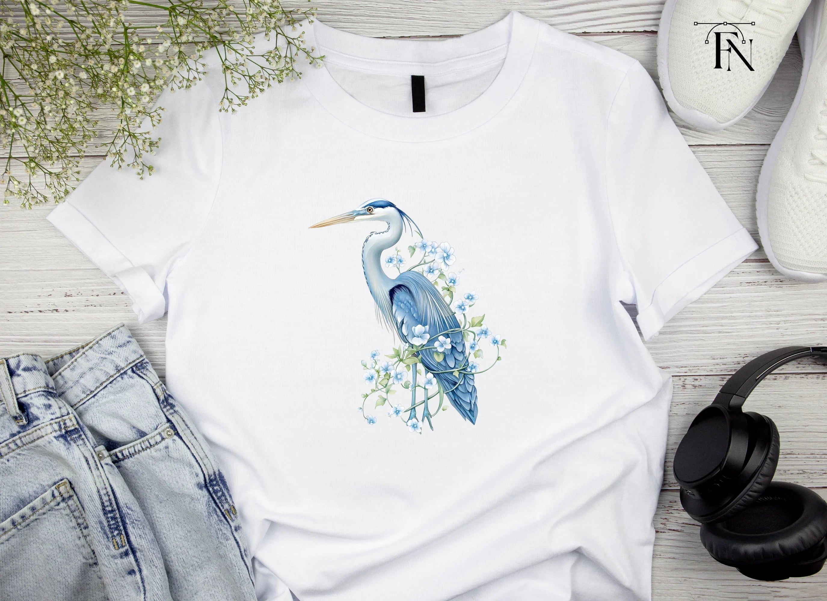 Elegant Blue Heron with White Flowers Clipart Bundle