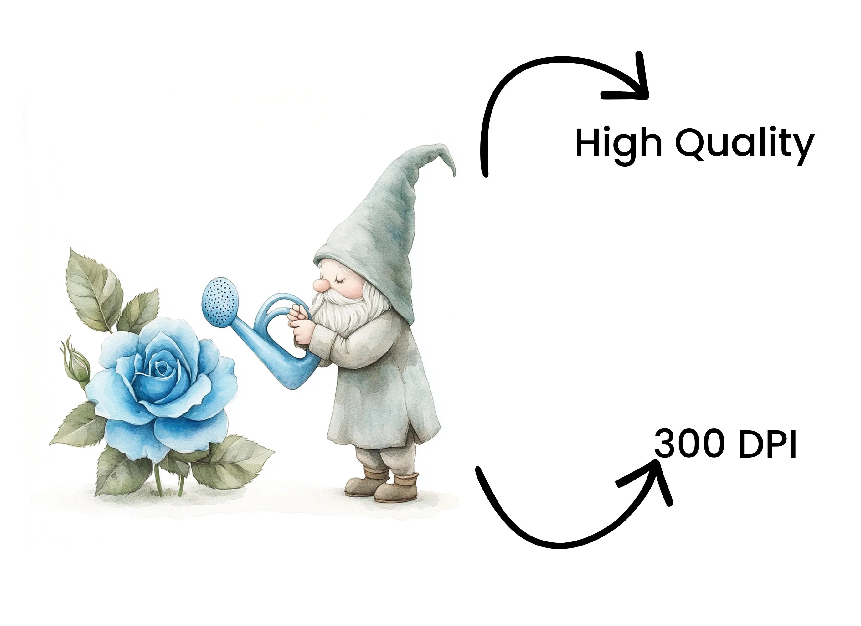 Gnome Watering Blue Rose Clipart Bundle