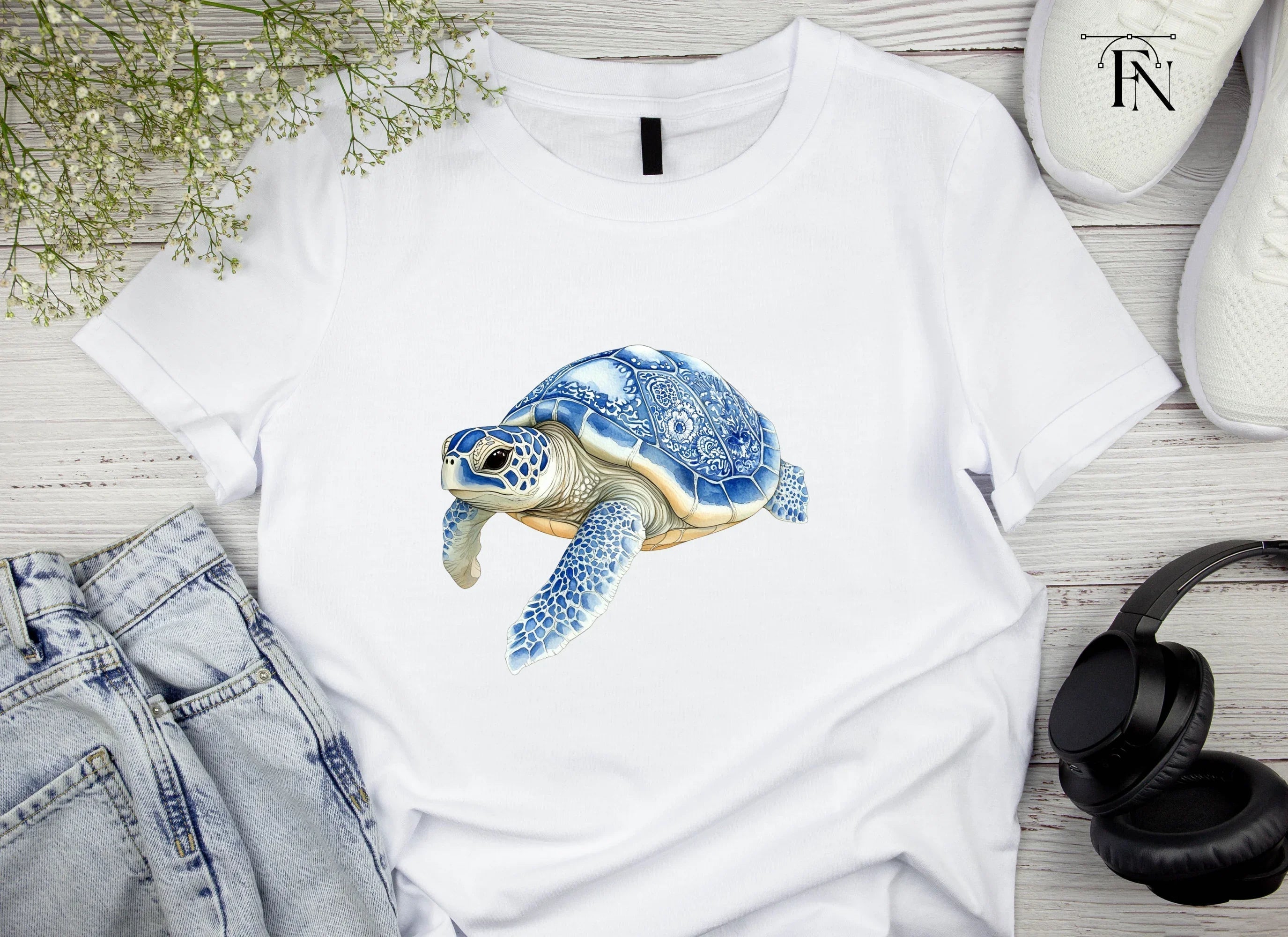 Blue White Chinoiserie Sea Turtles Clipart Bundle