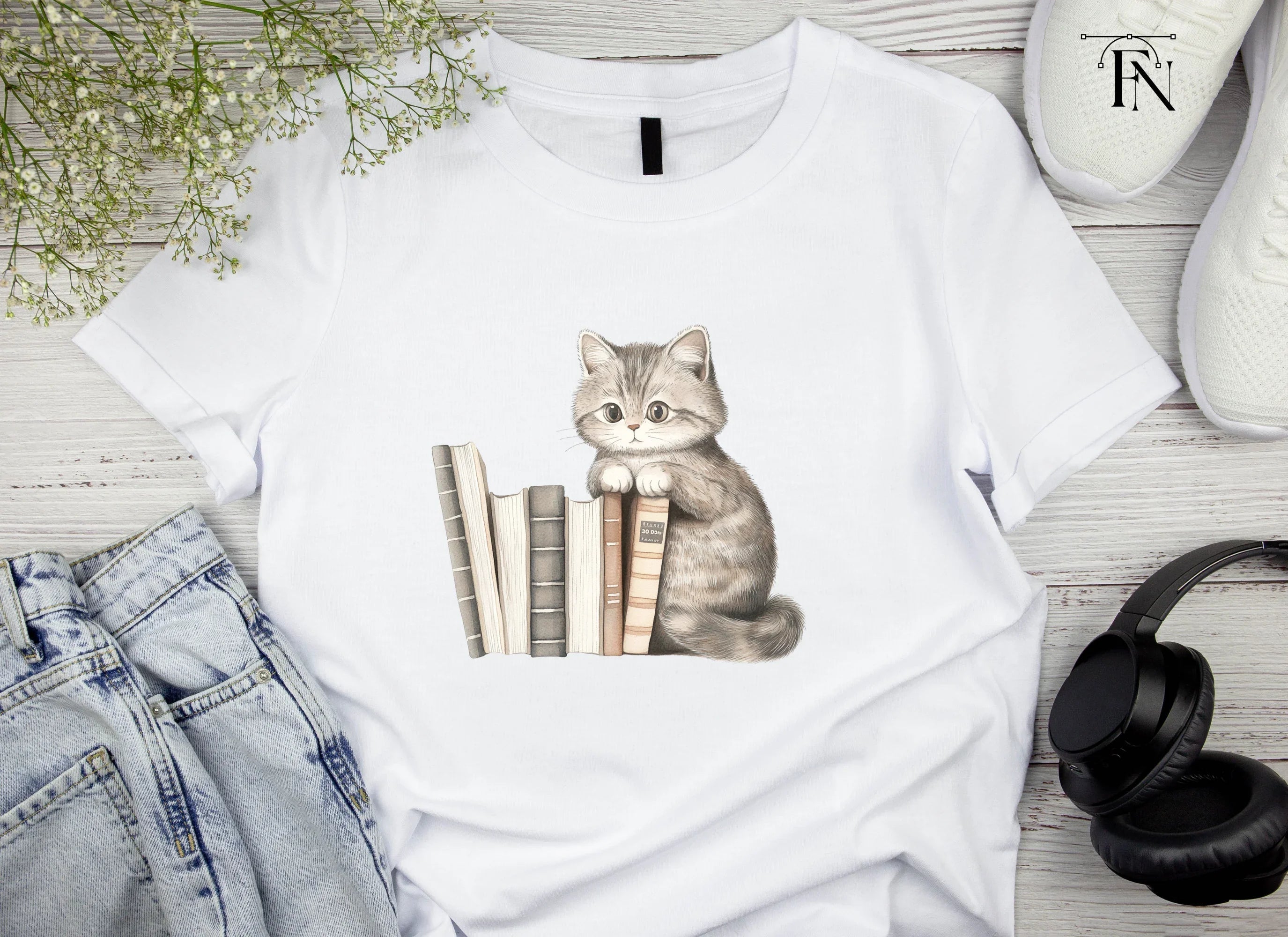 Cute Kitten with Books Clipart Bundle