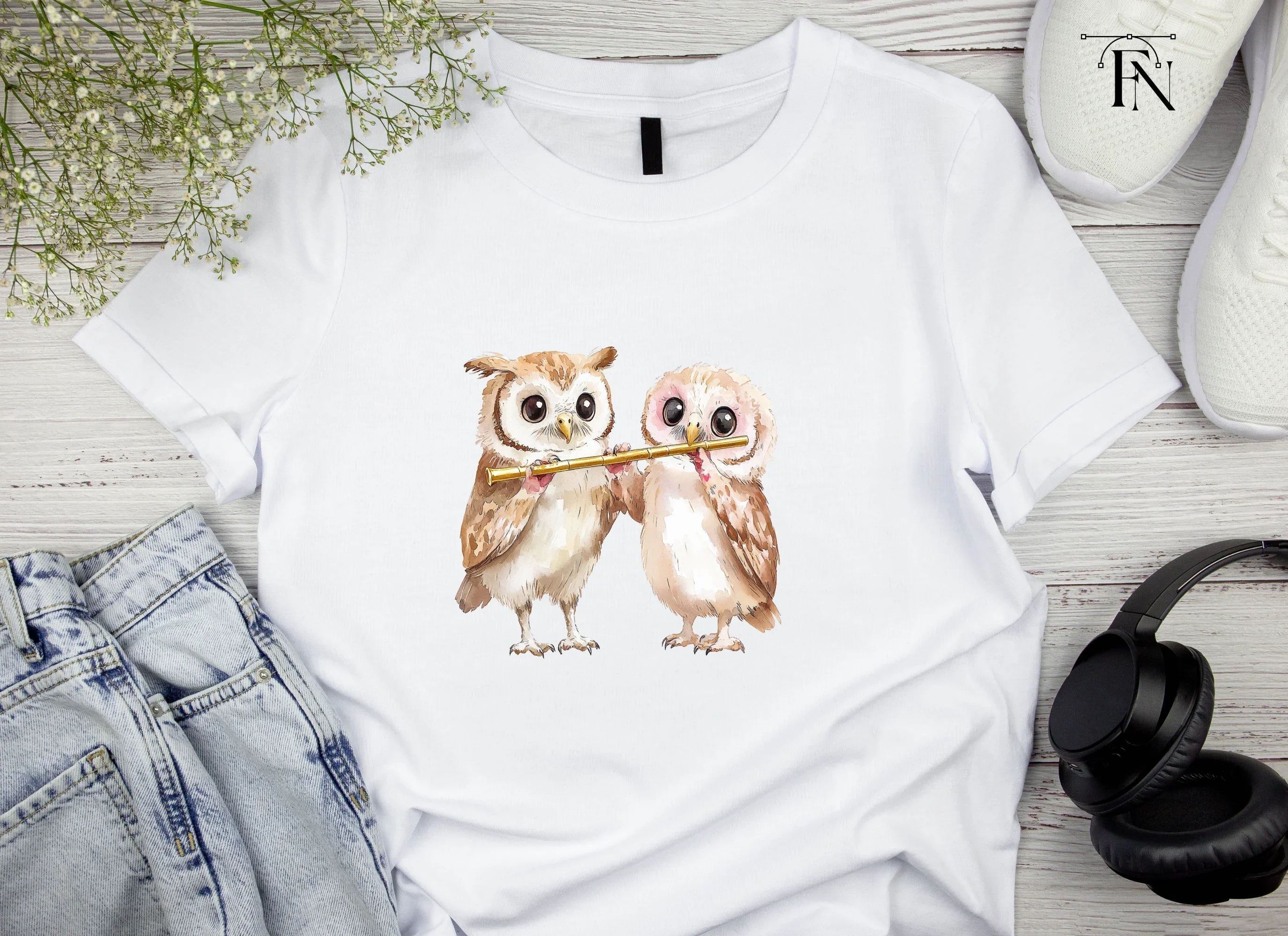 Cute Owls Playing Flute Clipart Bundle