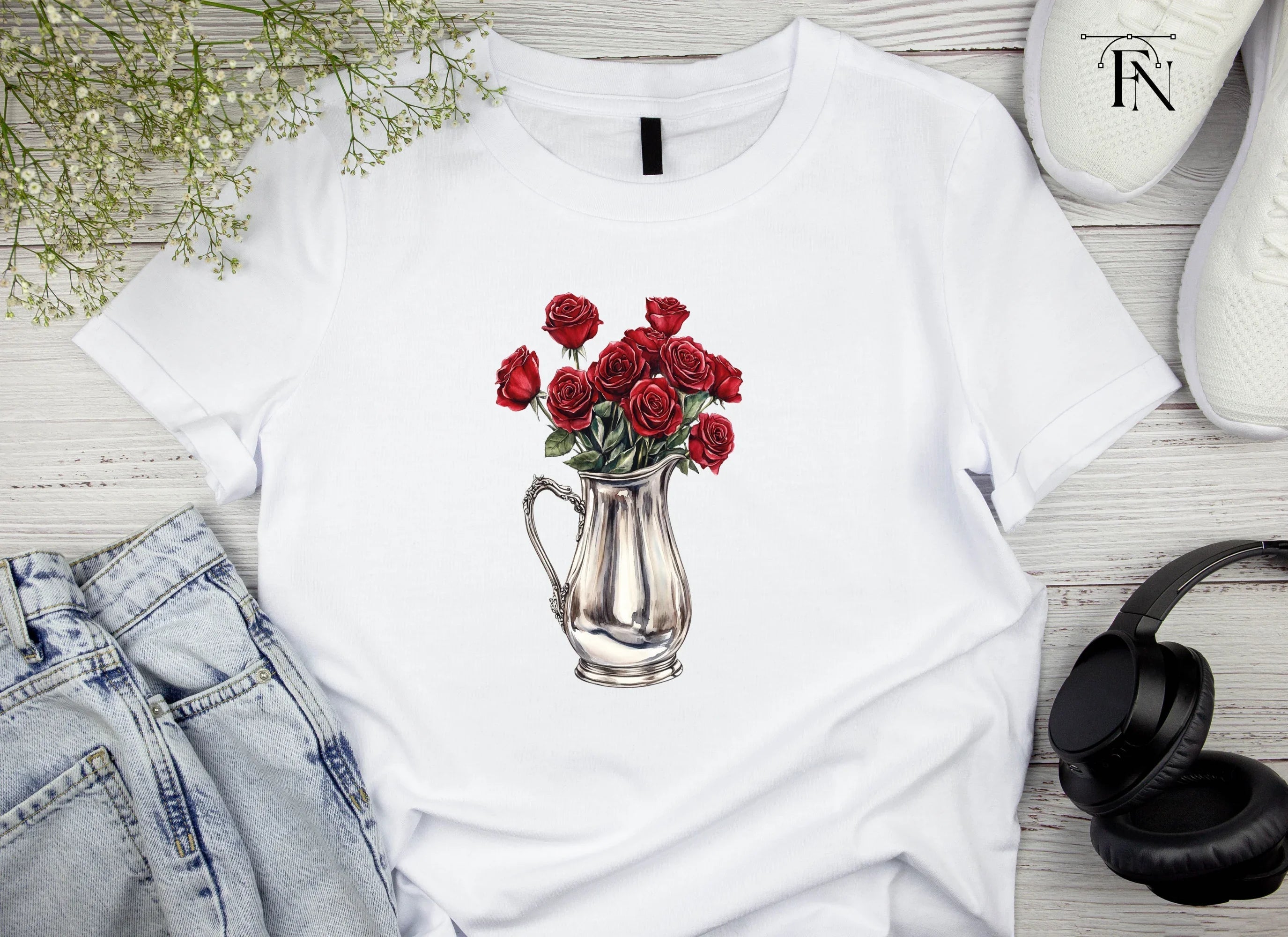 Red Roses in Silver Pitcher Clipart Bundle