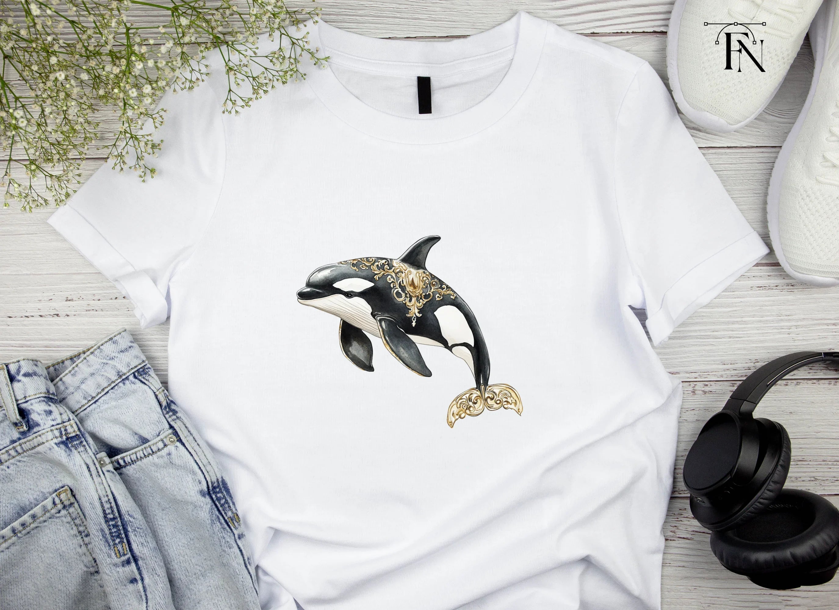 Ornate Gold and Black Orca Whale Clipart Bundle