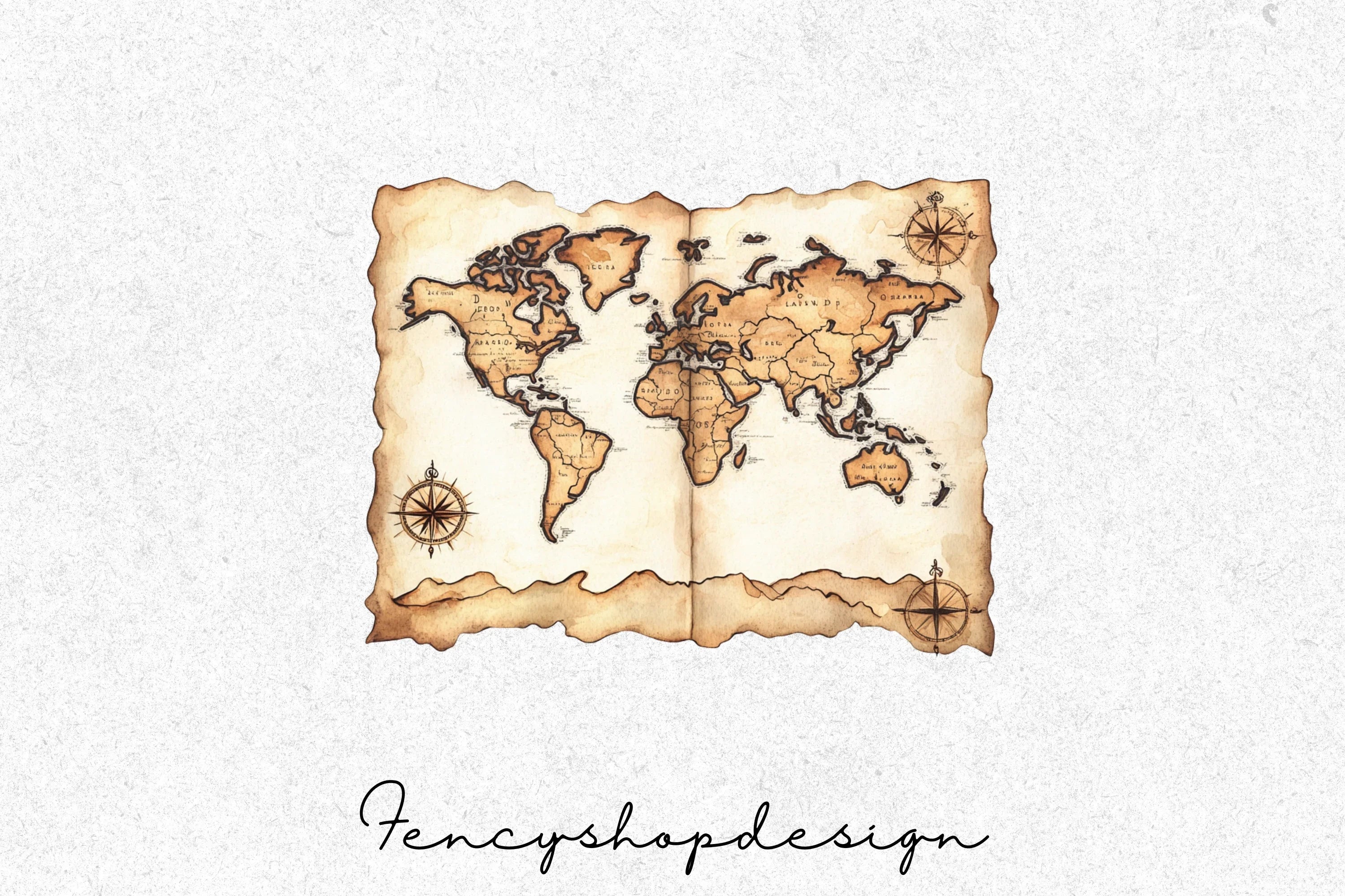Vintage World Map Scroll Clipart Bundle