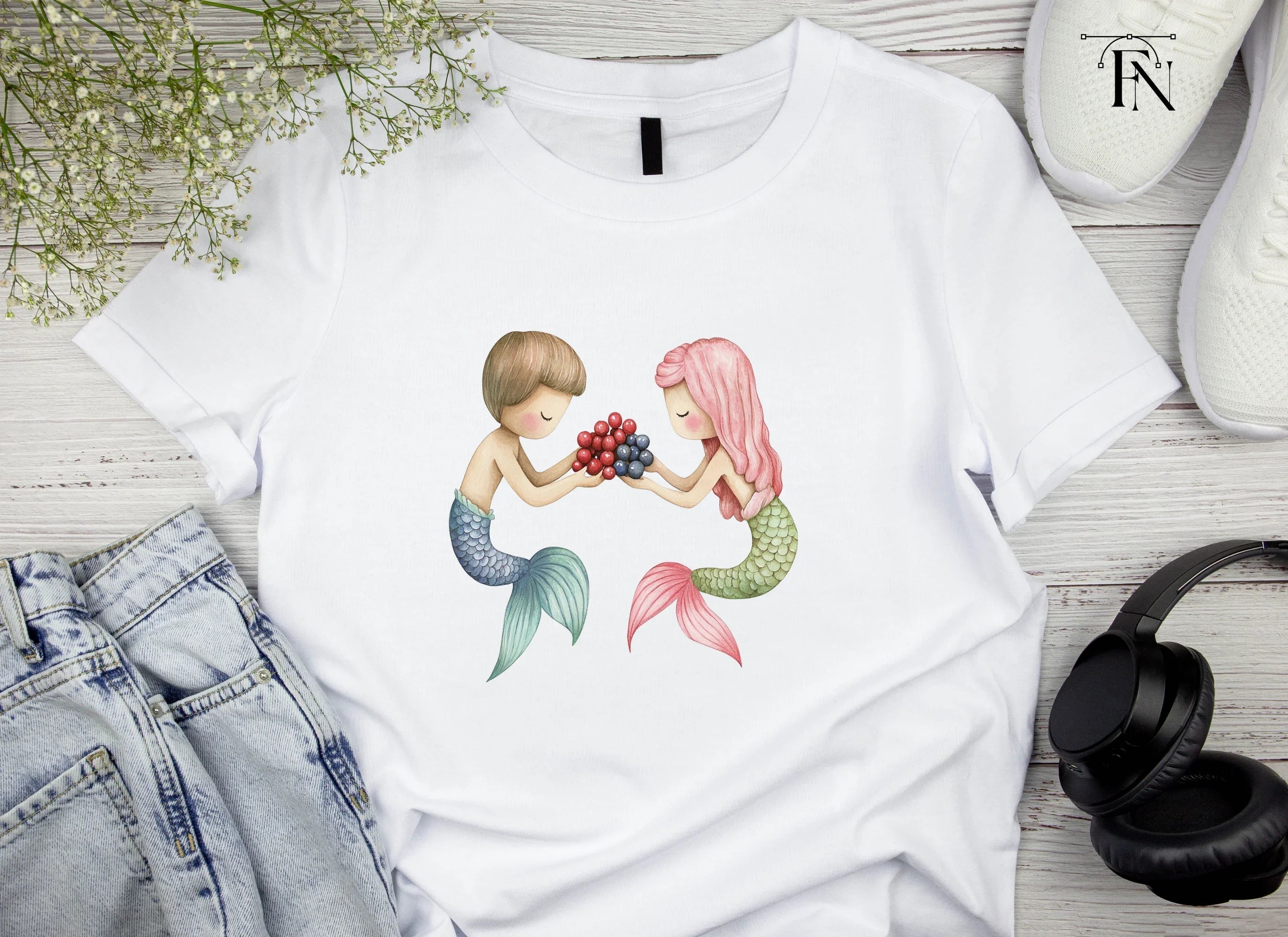 Sweet Mermaid Couple with Berries Clipart Bundle