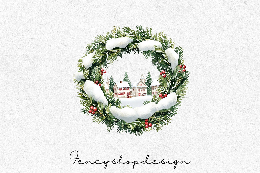 Winter Village Wreath Clipart Bundle
