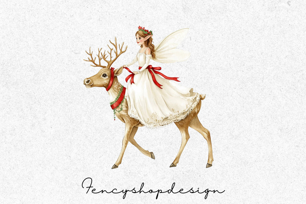 Christmas Fairies Riding Reindeer Clipart Bundle