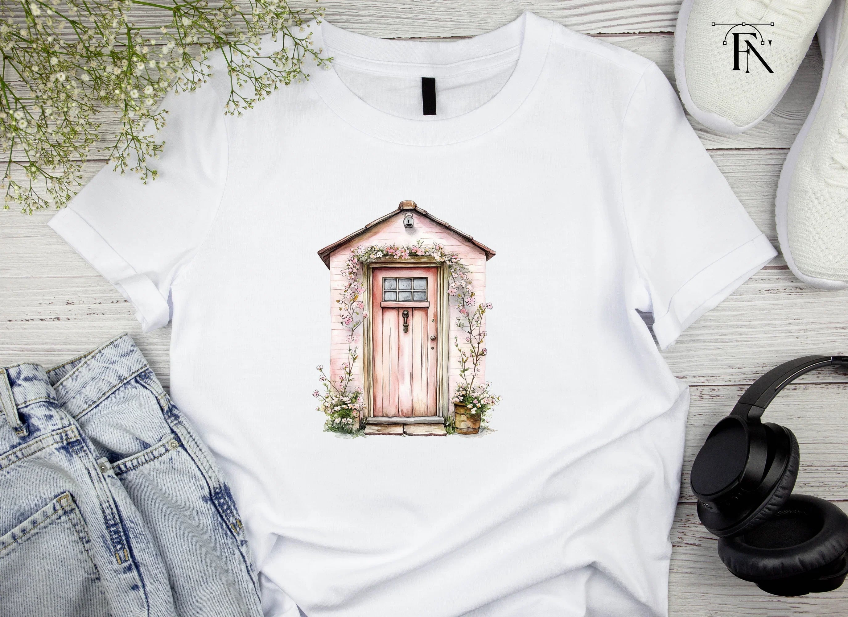 Pink Cottage Door with Blooming Vines Clipart Bundle