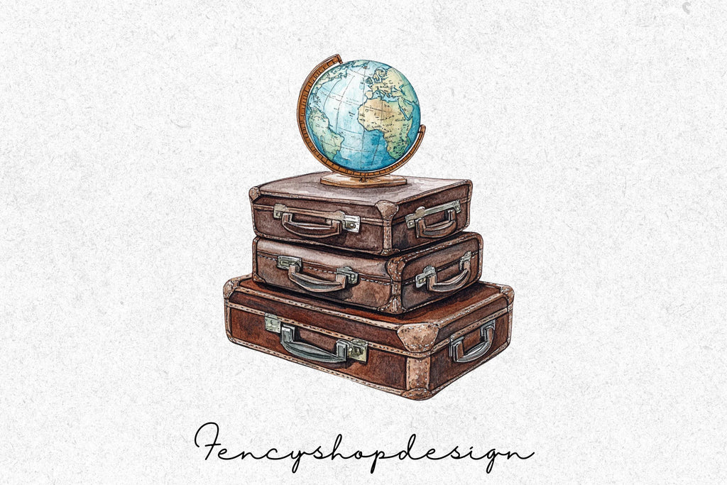 Vintage Travel Suitcase Globe Clipart Bundle