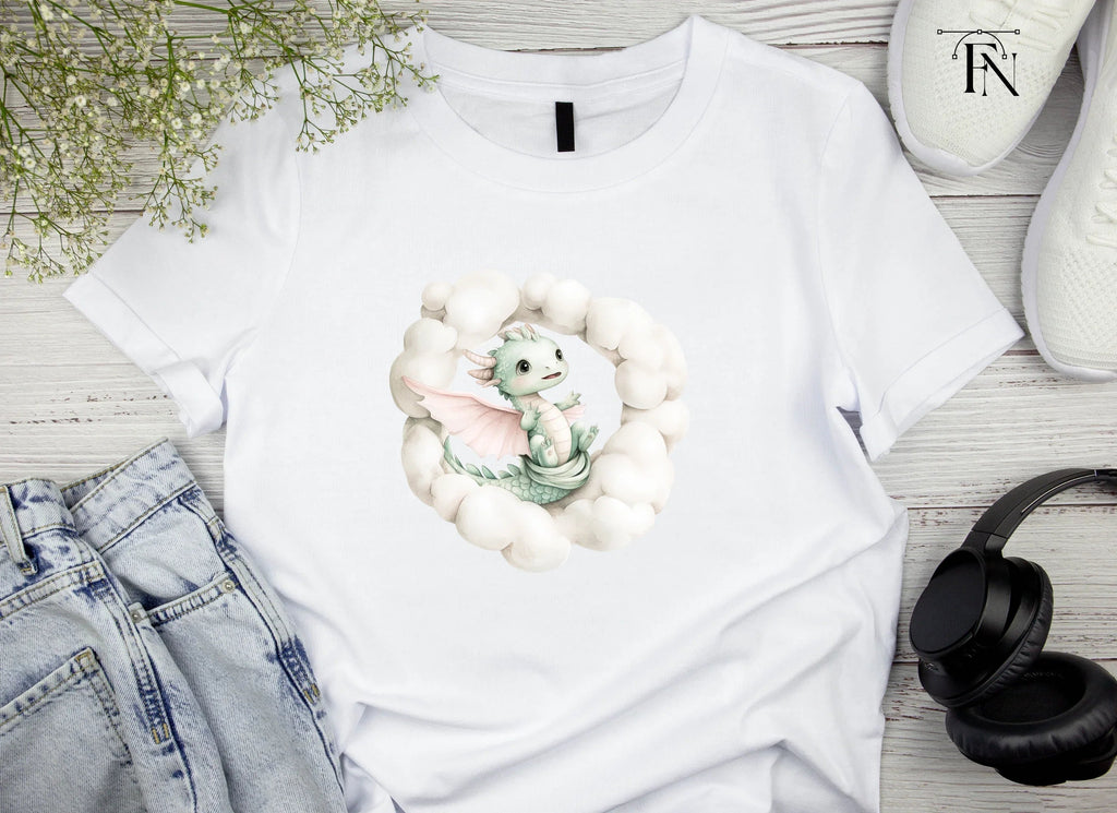 Sweet Green Baby Dragon in Clouds Clipart Bundle