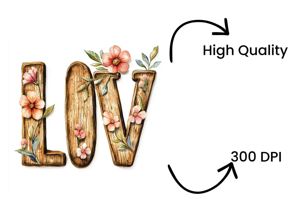 Floral Wooden Love Letters Clipart Bundle