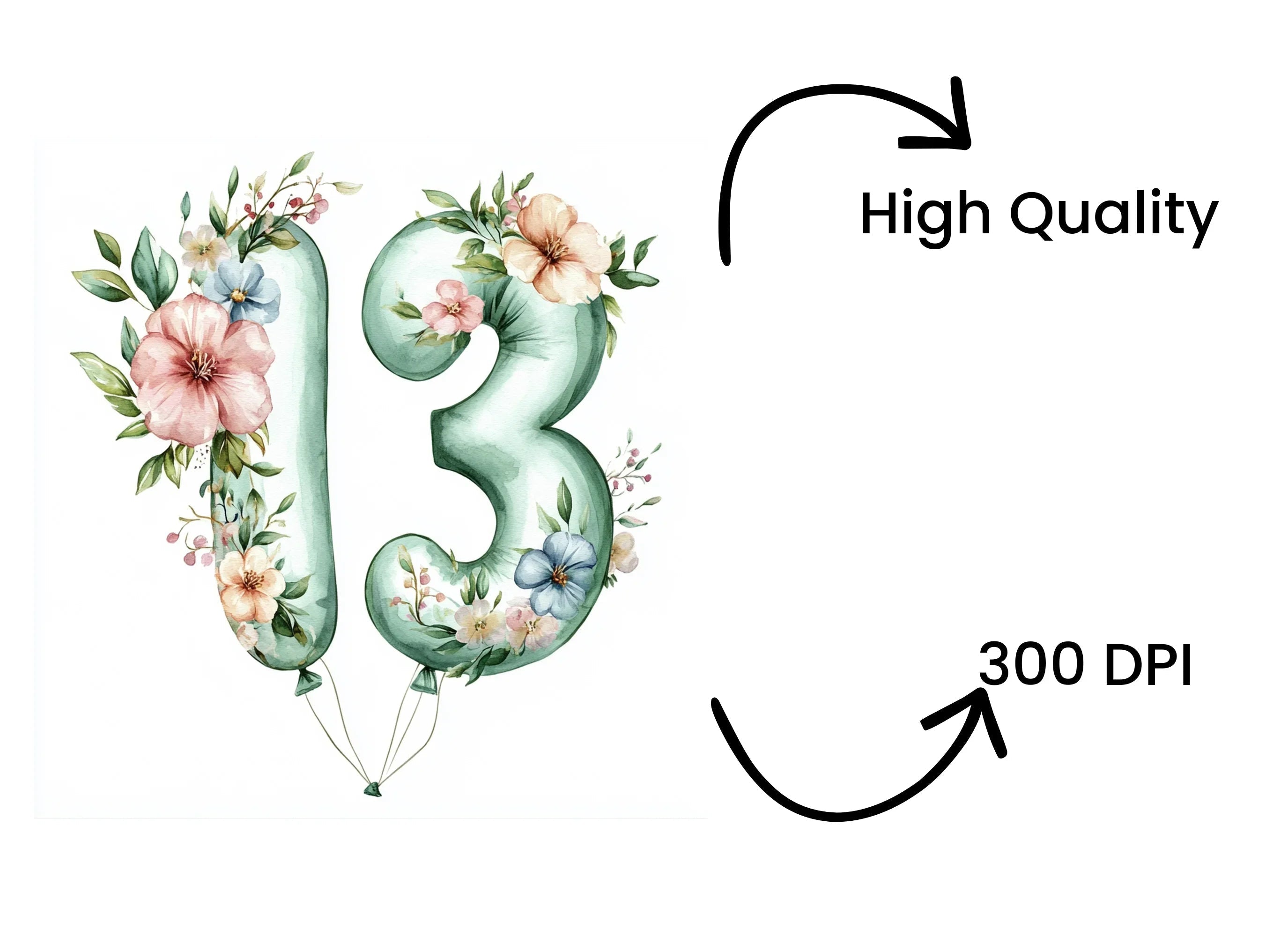 Floral Number 13 Balloon Clipart Bundle