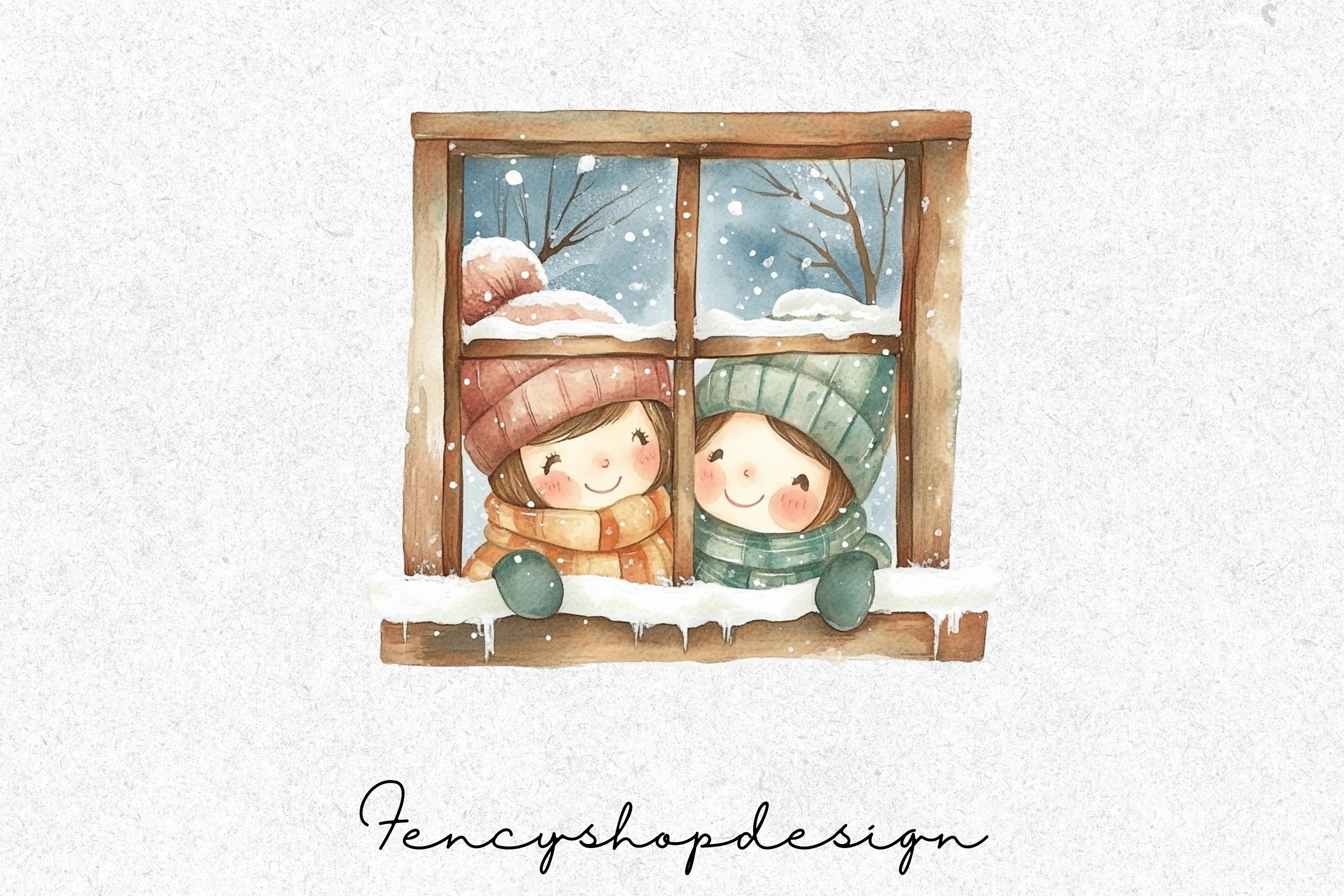 Snowy Window Winter Couple Clipart Bundle