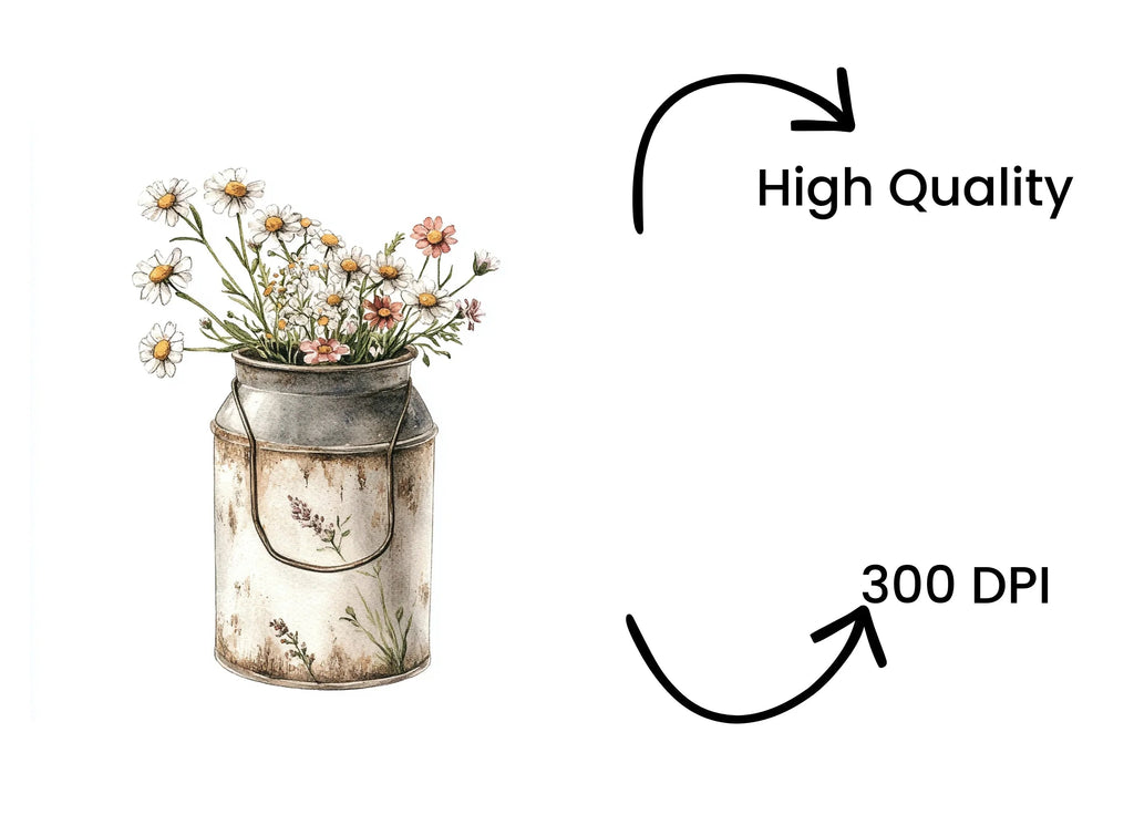 Wildflower Bouquets in Vintage Milk Cans Clipart Bundle