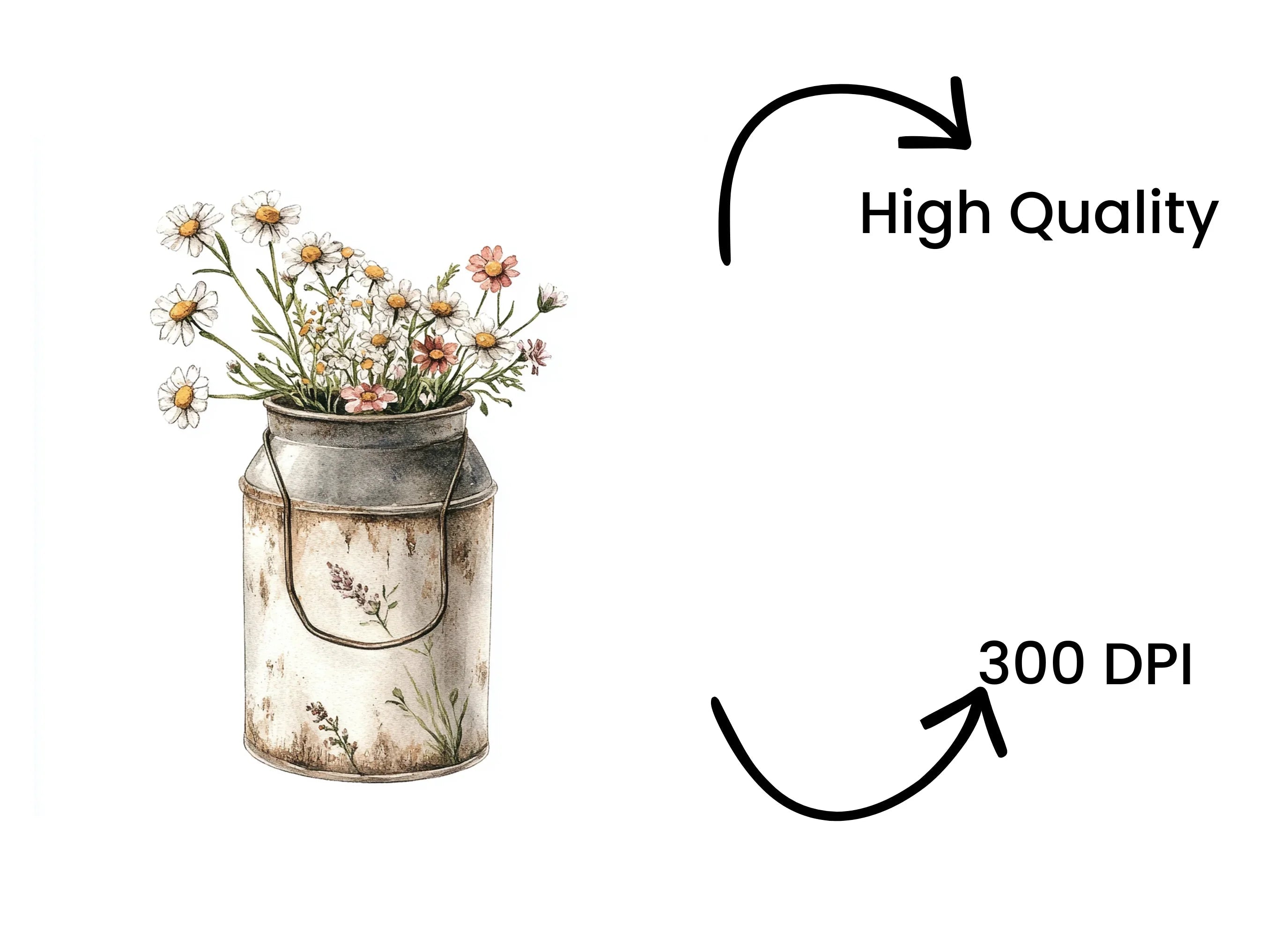 Wildflower Bouquets in Vintage Milk Cans Clipart Bundle