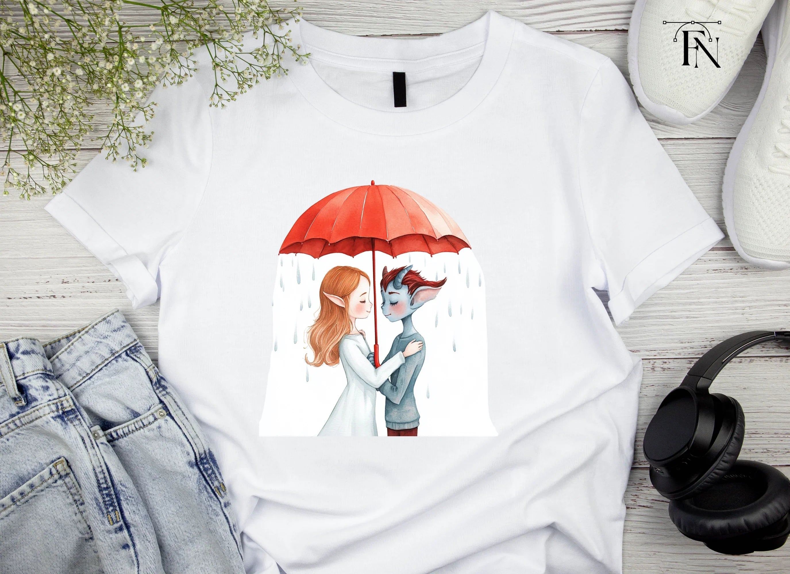 Fantasy Couple Under Red Umbrella Clipart Bundle