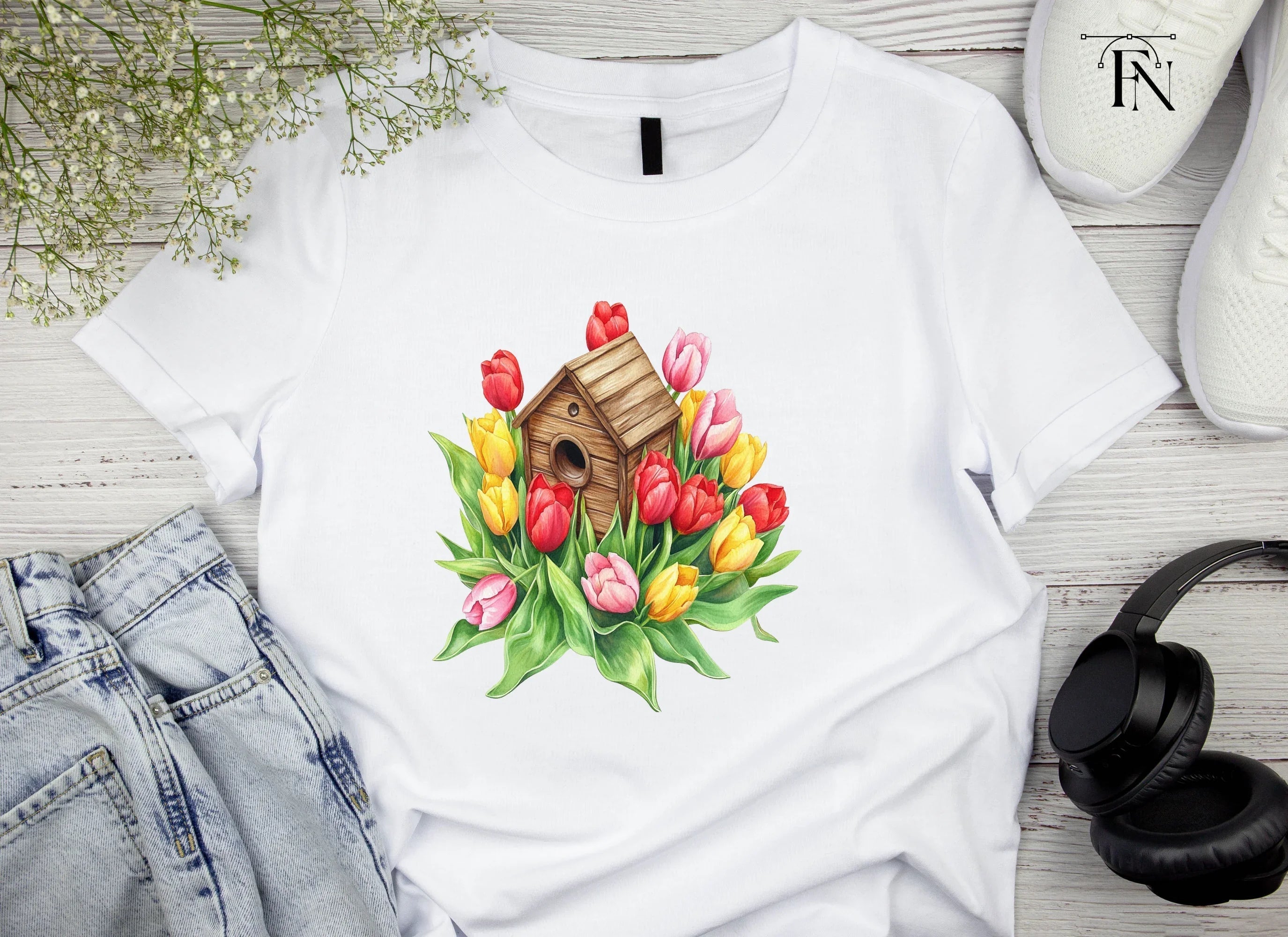 Colorful Tulips Birdhouse Clipart Bundle
