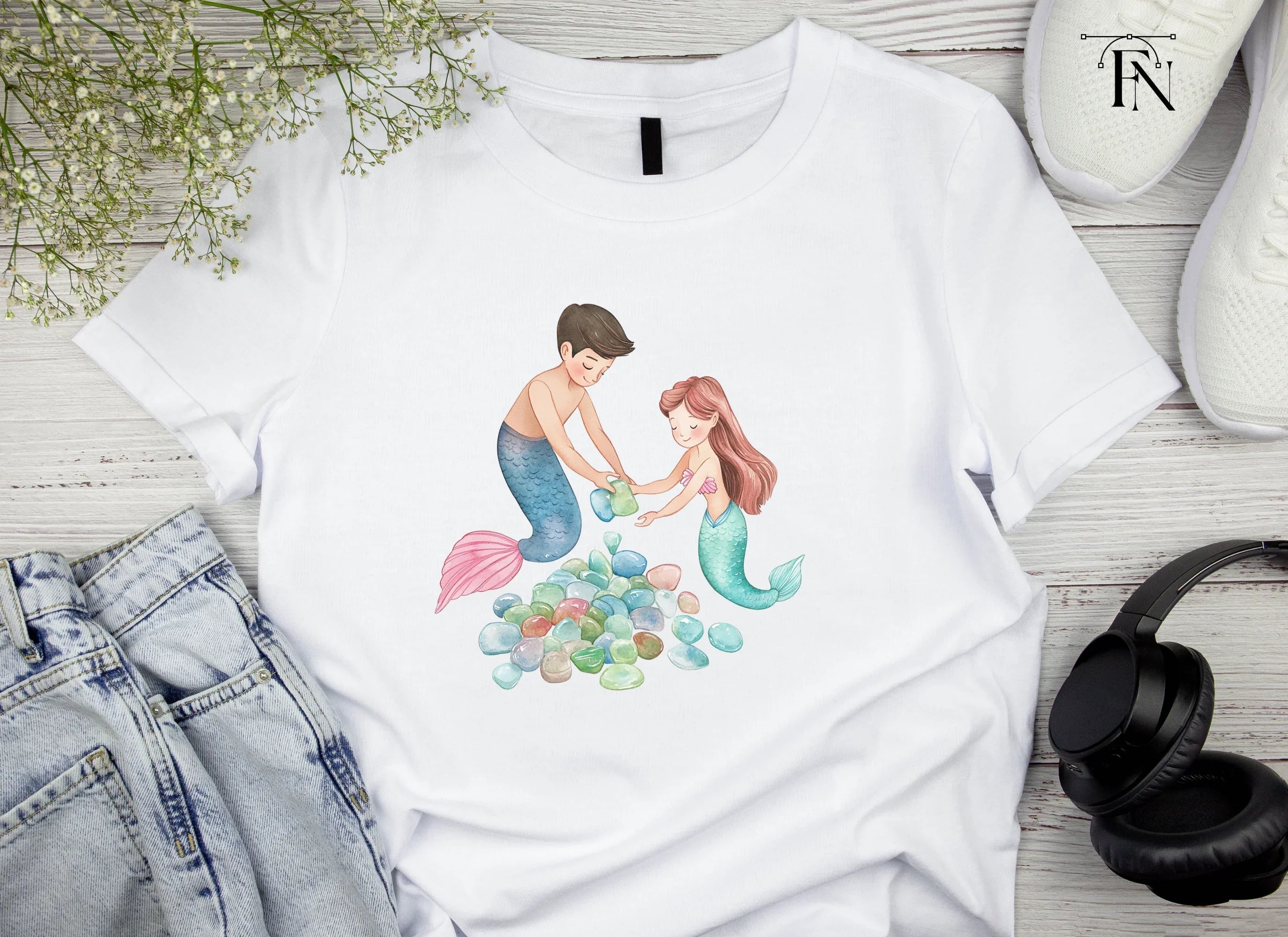 Mermaid and Merman Collecting Gems Clipart Bundle