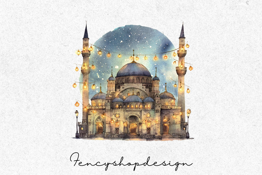 Winter Mosque and Snowy Village Clipart Bundle