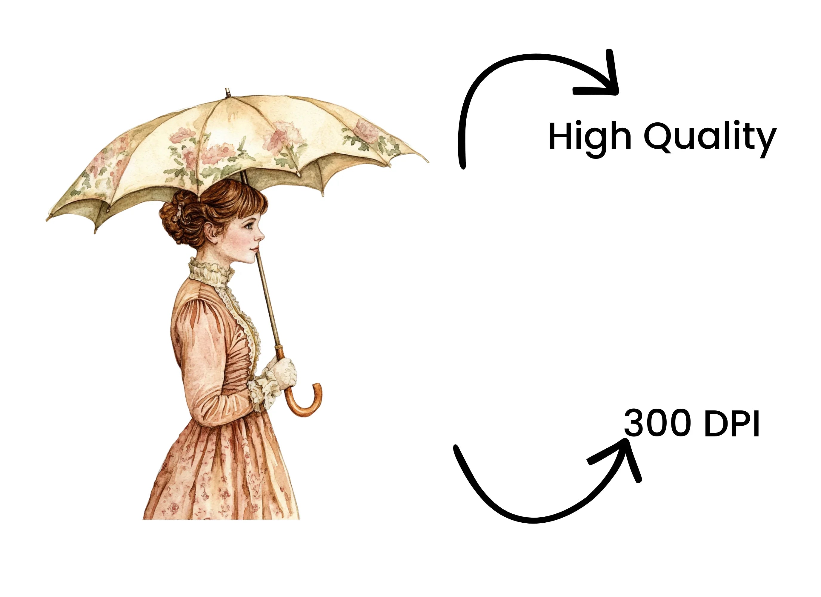 Victorian Lady with Floral Umbrella Clipart Bundle