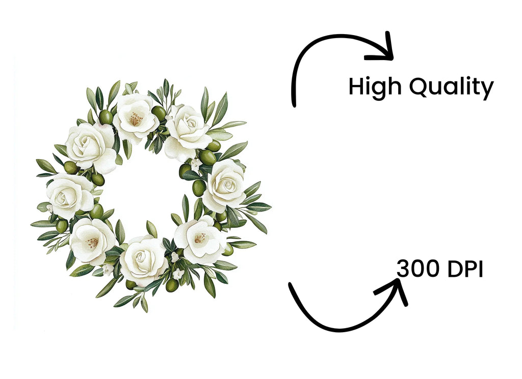 White Rose Olive Wreath Clipart Bundle