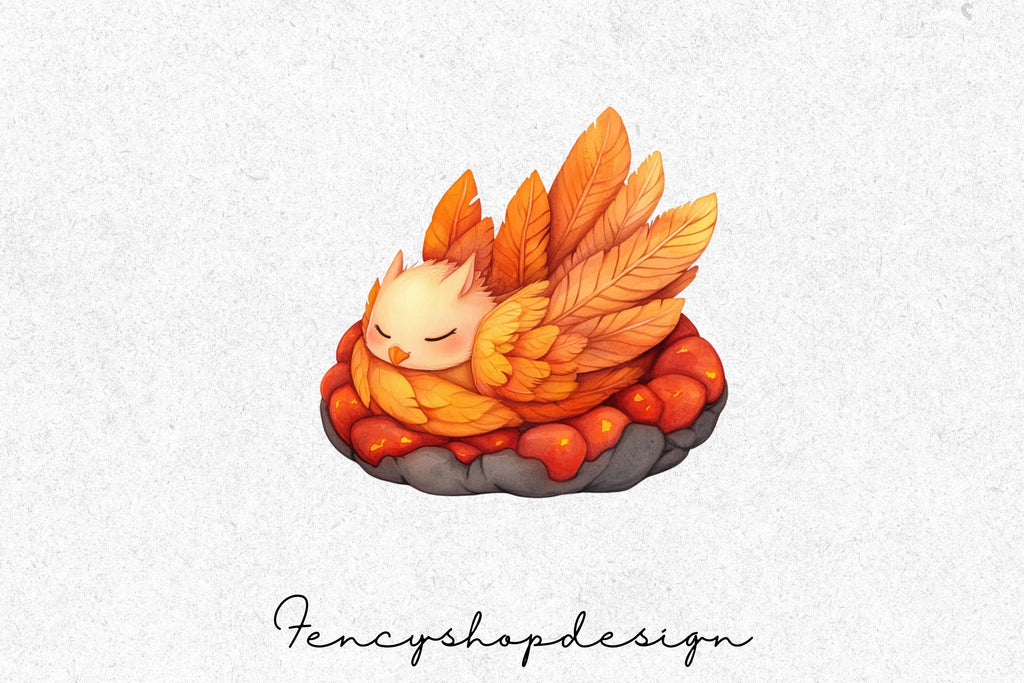 Sleeping Phoenix Chick in Ember Nest Clipart Bundle