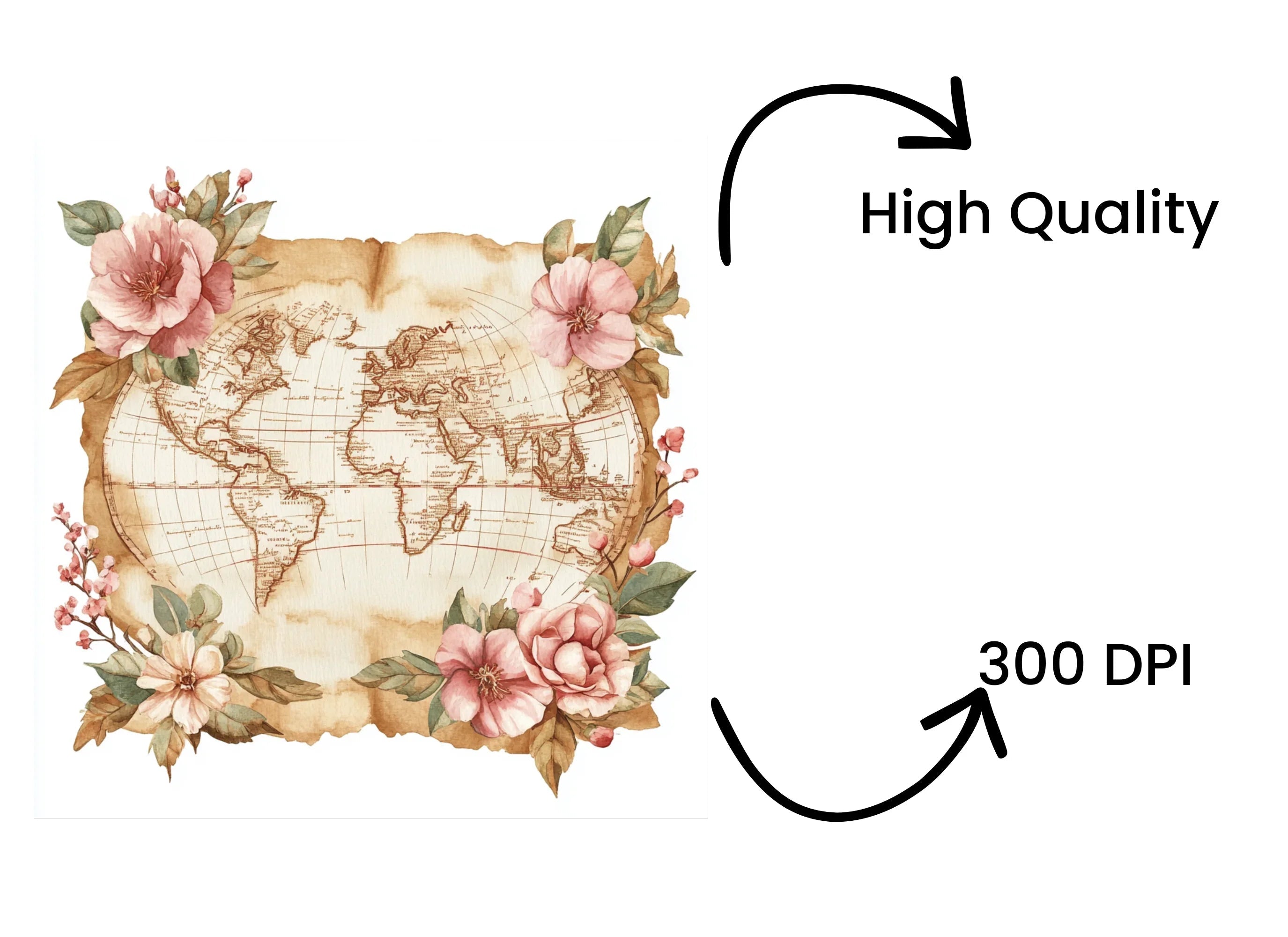 Vintage Floral World Map Clipart Bundle
