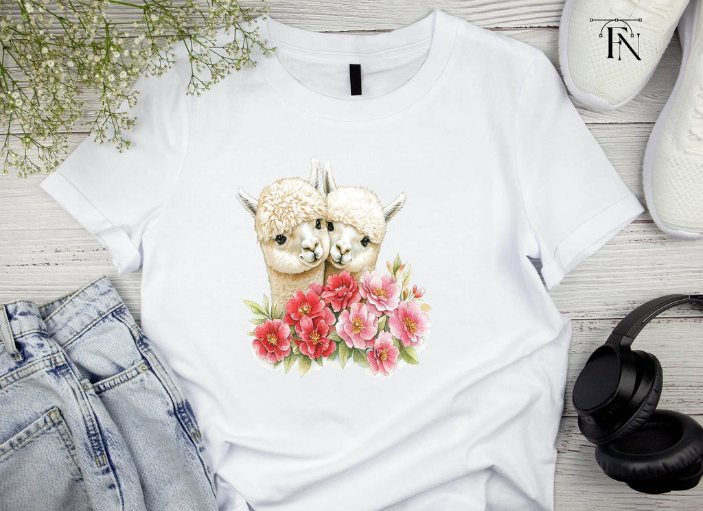 Cute Alpaca Couple with Pink Flowers Clipart Bundle